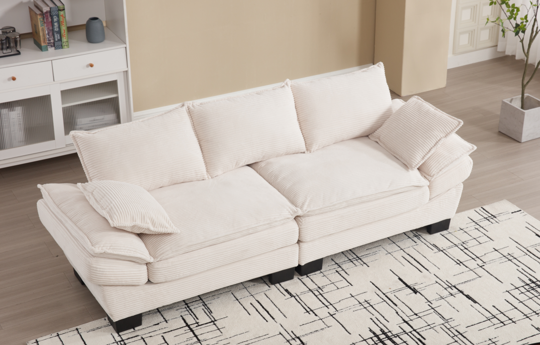 Modern Sailboat Sofa Corduroy 3 Seater Sofa With Two Pillows For Small Spaces In Living Rooms, Apartments Beige Beige Solid Wood 3 Seat