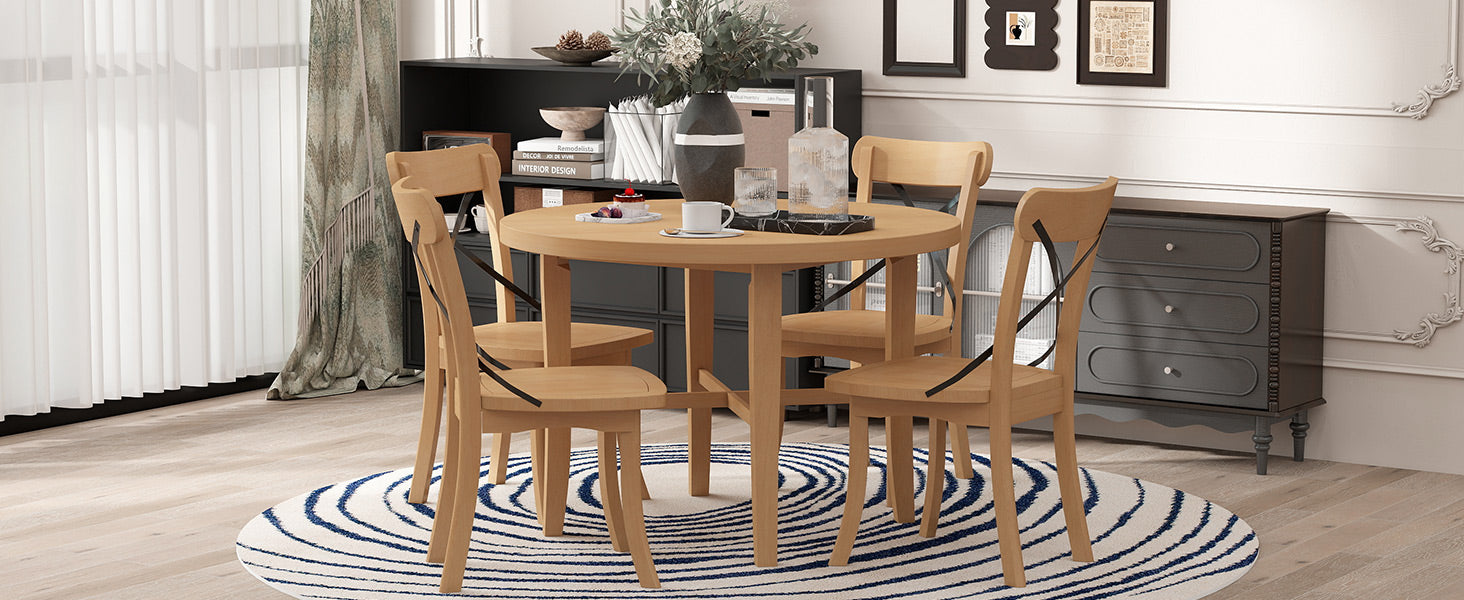 5 Piece Dining Set, Retro Simple Round Table And 4 Chairs With X Shaped Backrest For Kitchen, Dining Room And Living Room Natural Natural Rubber Wood