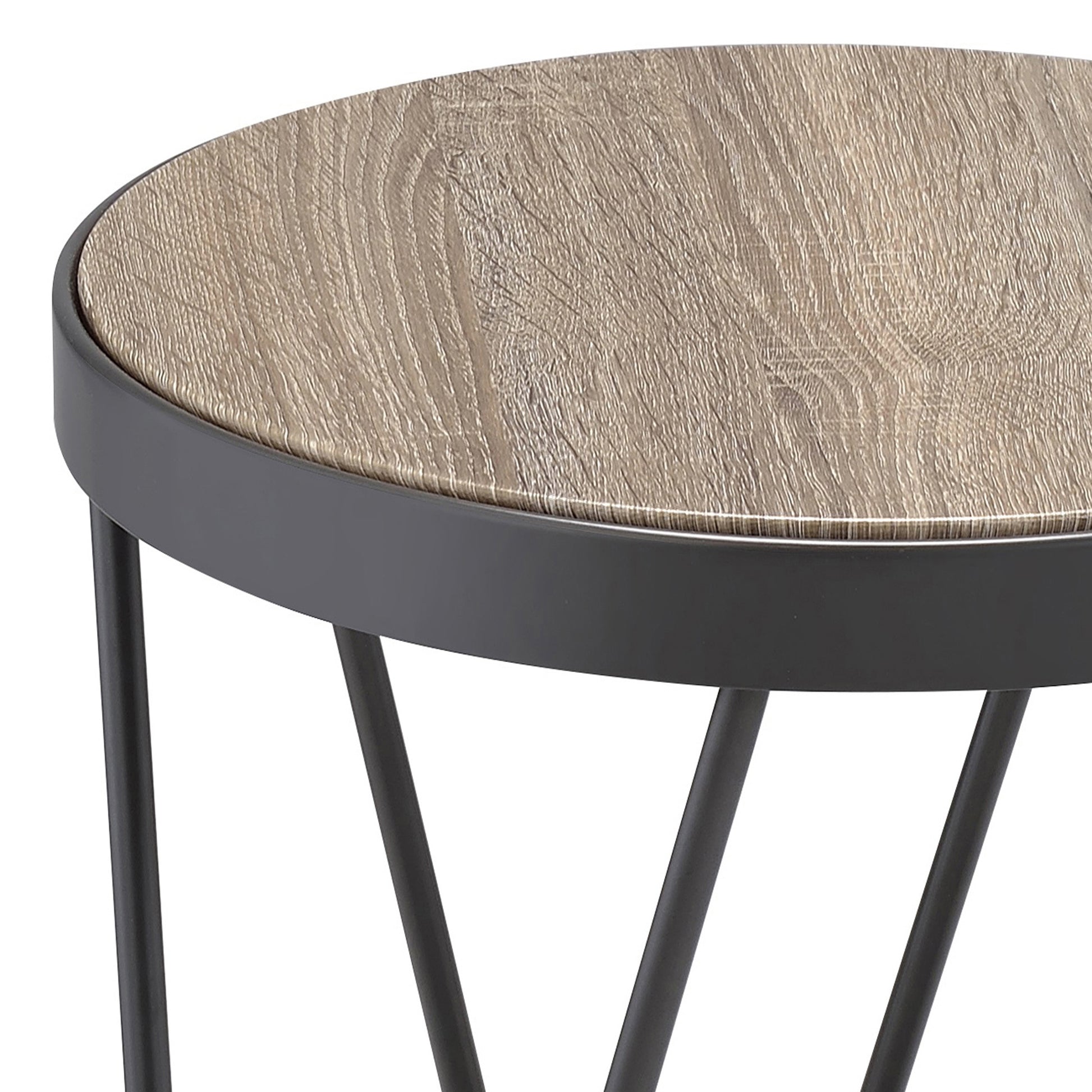 Weathered Grey Oak And Black End Table Oak Primary Living Space Industrial Round Wood Metal Sled