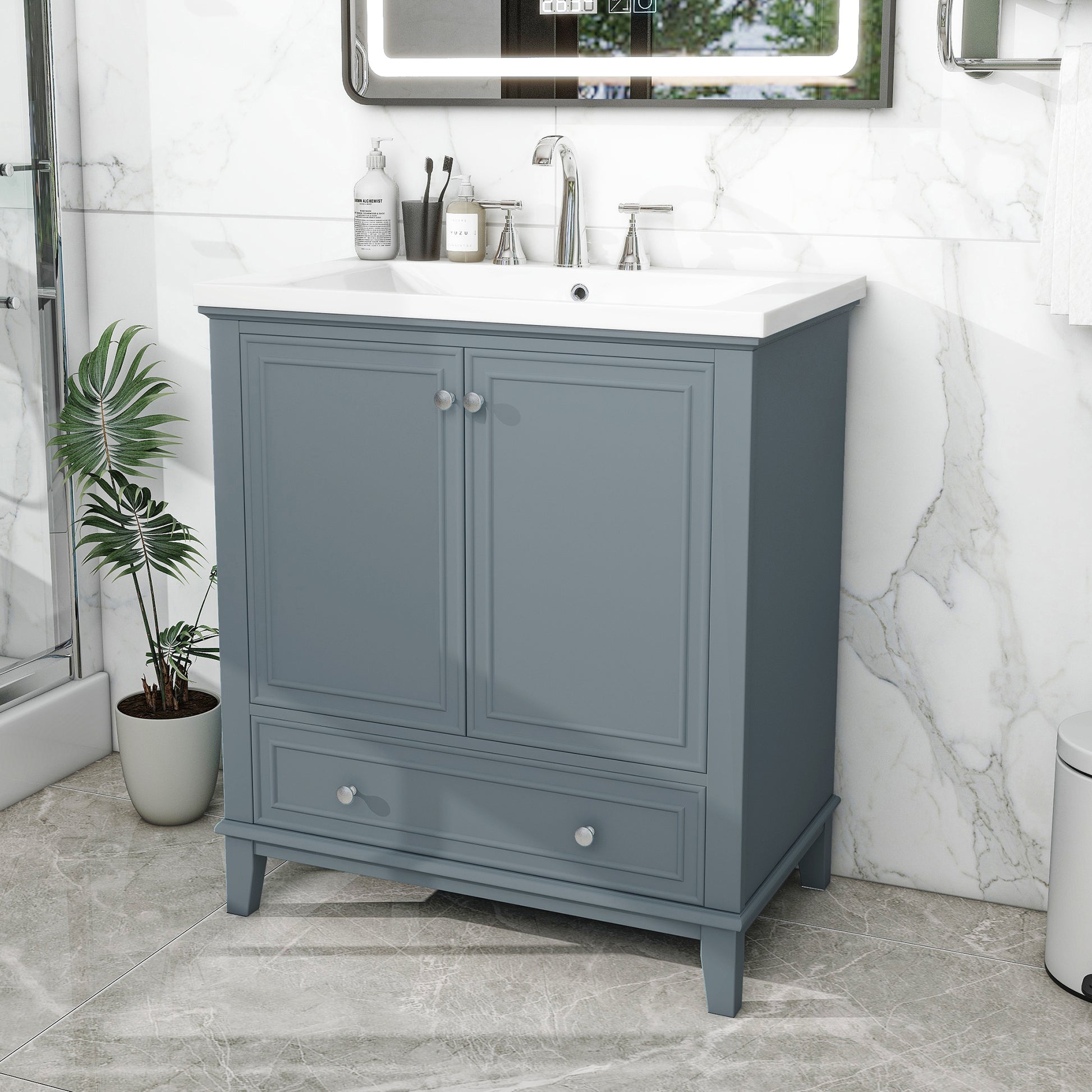 30" Bathroom Vanity With Sink Combo, Multi Functional Bathroom Cabinet With Doors And Drawer, Solid Frame And Mdf Board, Blue Blue Solid Wood Mdf