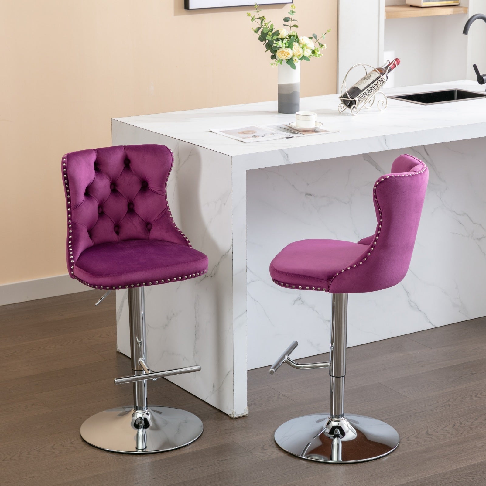 Swivel Velvet Barstools Adjusatble Seat Height From 25 33 Inch, Chrome Base Bar Stools With Backs Comfortable Tufted For Home Pub And Kitchen Island, Purple,Set Of 2,1712Pp Purple Dining Room American Design Foam Velvet