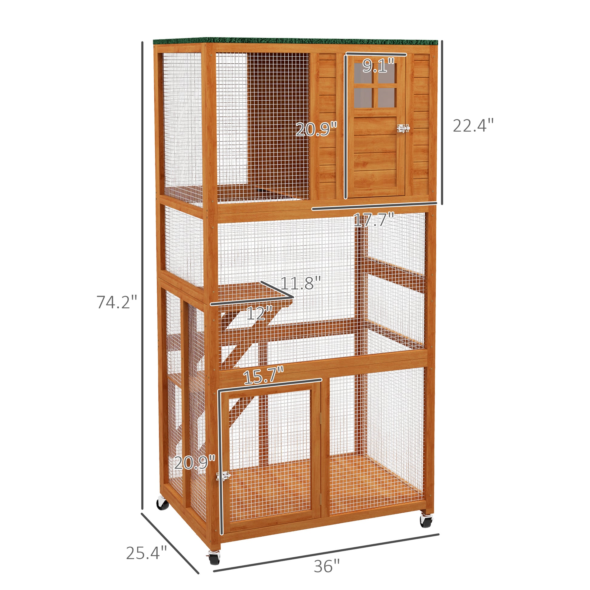 Pawhut 74" Wooden Outdoor Cat House Weatherproof & Wheeled, Catio Outdoor Cat Enclosure With High Weight Capacity, Kitten Cage Condo, Orange Orange Wood