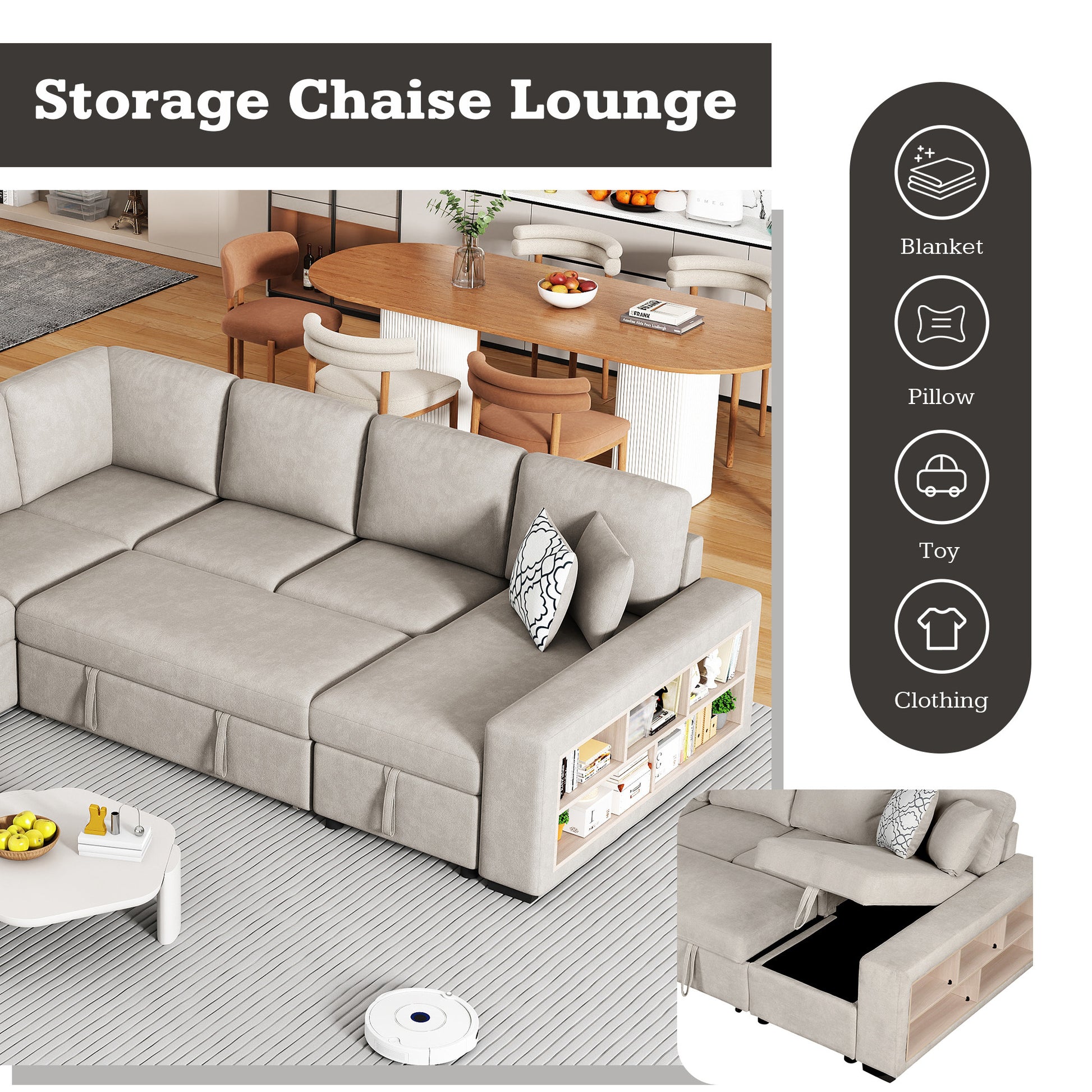 109" U Shaped Sectional Sofa Pull Out Sofa Bed With Two Usb Ports, A Storage Chaise Lounge And Four Back Pillows For Living Room, Beige Beige Foam Chenille 5 Seat