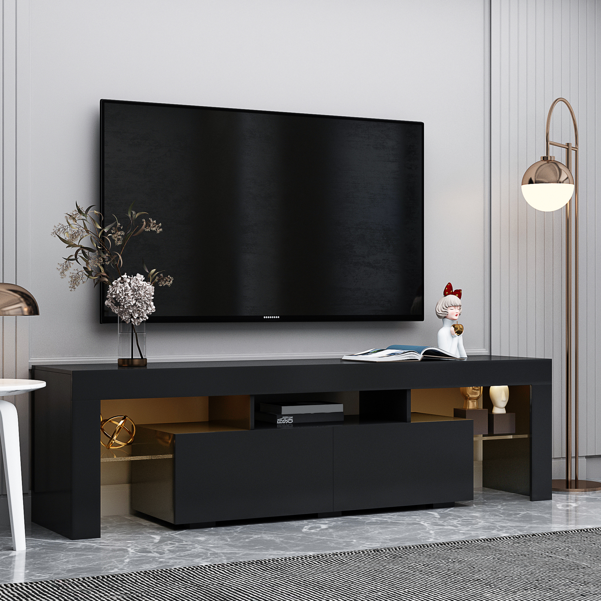 Modern Black Tv Stand, 20 Colors Led Tv Stand W Remote Control Lights Black 60 69 Inches Mdf