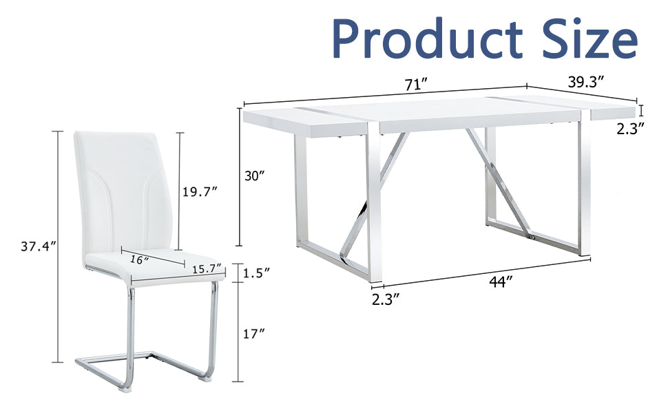 Table And Chair Set.71"X39.3" White Mdf Painting Dining Table Set With 8 White Pu Chairs.Showcasing A Modern And Stylish Look.Suitable For Dining Room.Mdf Painting,Iron Pipe Plating,Pu Chiairs.