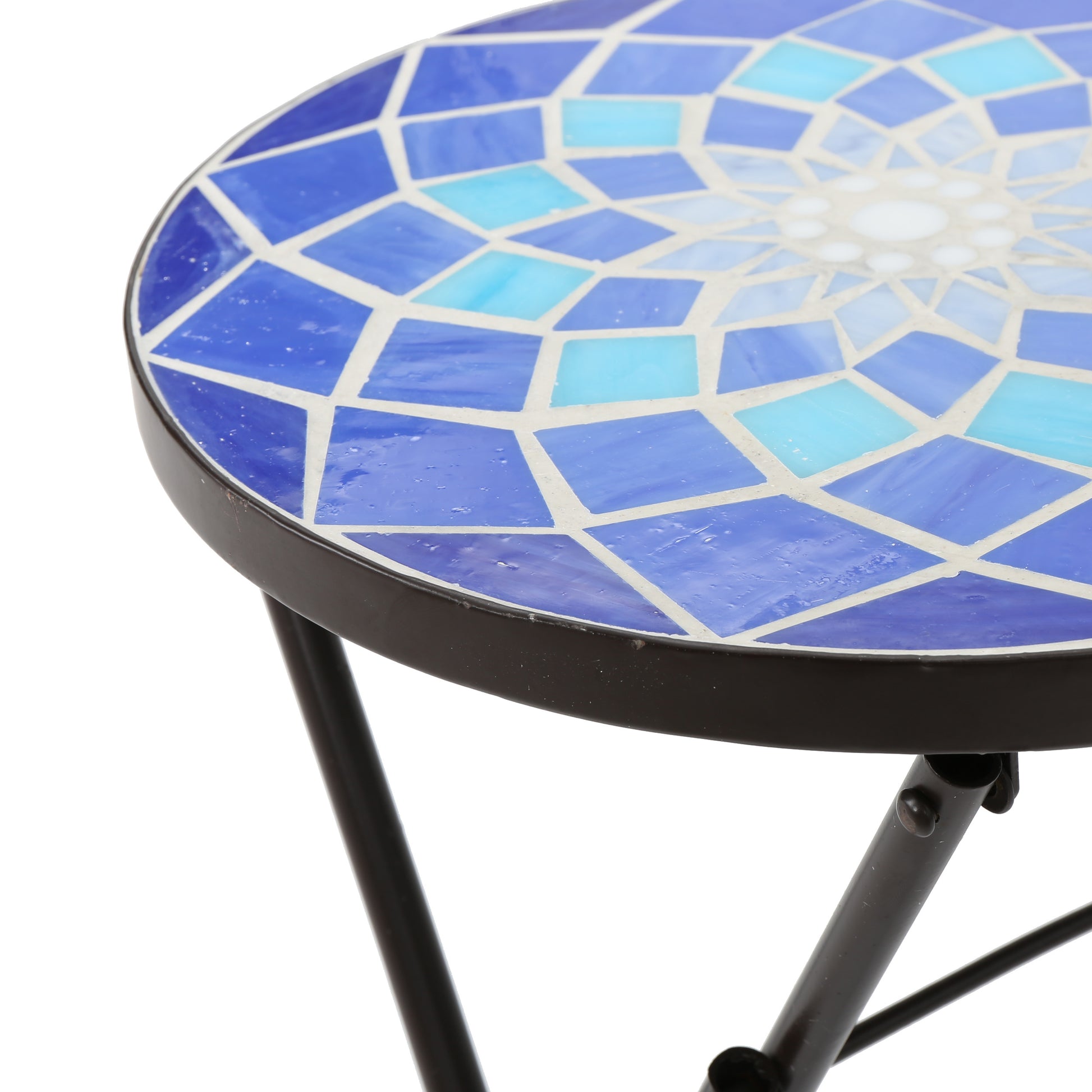 Azure End Table - White Blue Ceramic Tile Iron