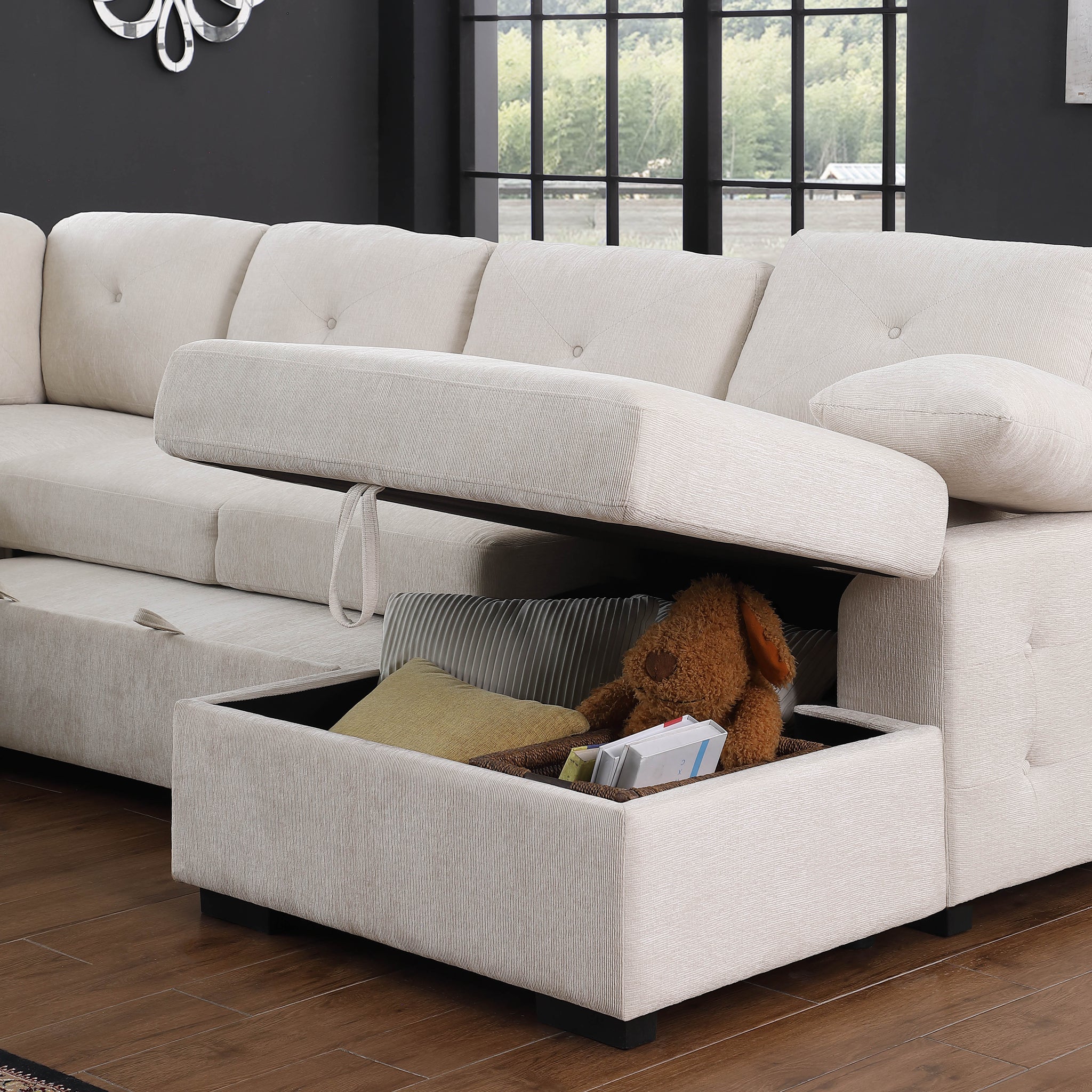 Nyhan Upholstered Corner Sectional With Pull Out Loveseat And Storaged Chaise Beige Medium Firm L Shaped Chenille 5 Seat