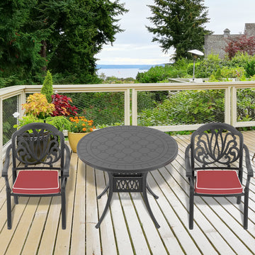 Cushions In Random Colors 3 Piece Set Of Cast Aluminum Patio Furniture With Cushions Yes Dining Set Black Seats 2 Rust Resistant Frame Water Resistant Cushion Garden & Outdoor Complete Patio Sets Aluminium