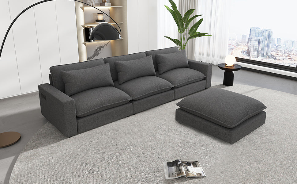 128" Sectional Sofa Cloud Sofa Chenille Upholstered Sofa Couch With Movable Ottoman, Comfortable Seat Cushions, Charging Ports And Three Back Pillows For Living Room, Grey Grey Foam Chenille 4 Seat