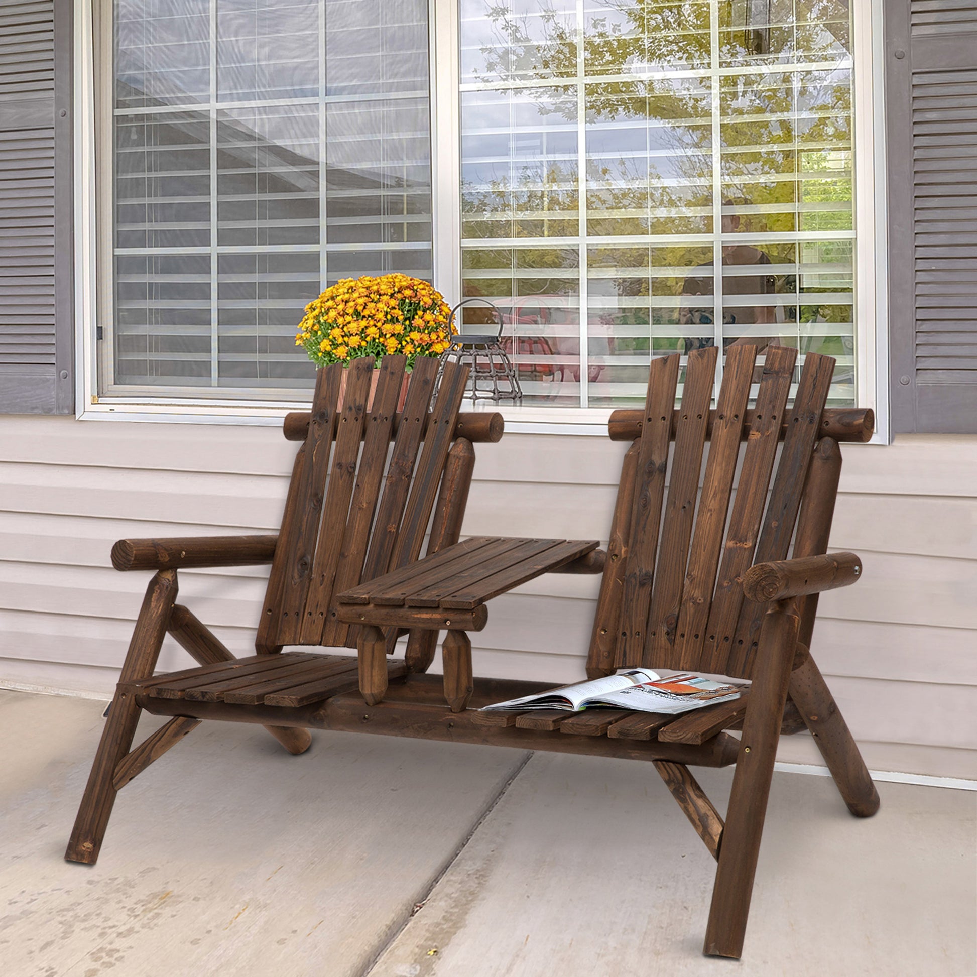 Outsunny 2 Seat Wooden Adirondack Chair, Patio Bench With Table, Outdoor Loveseat Fire Pit Chair For Porch, Backyard, Deck, Carbonized Brown Wood