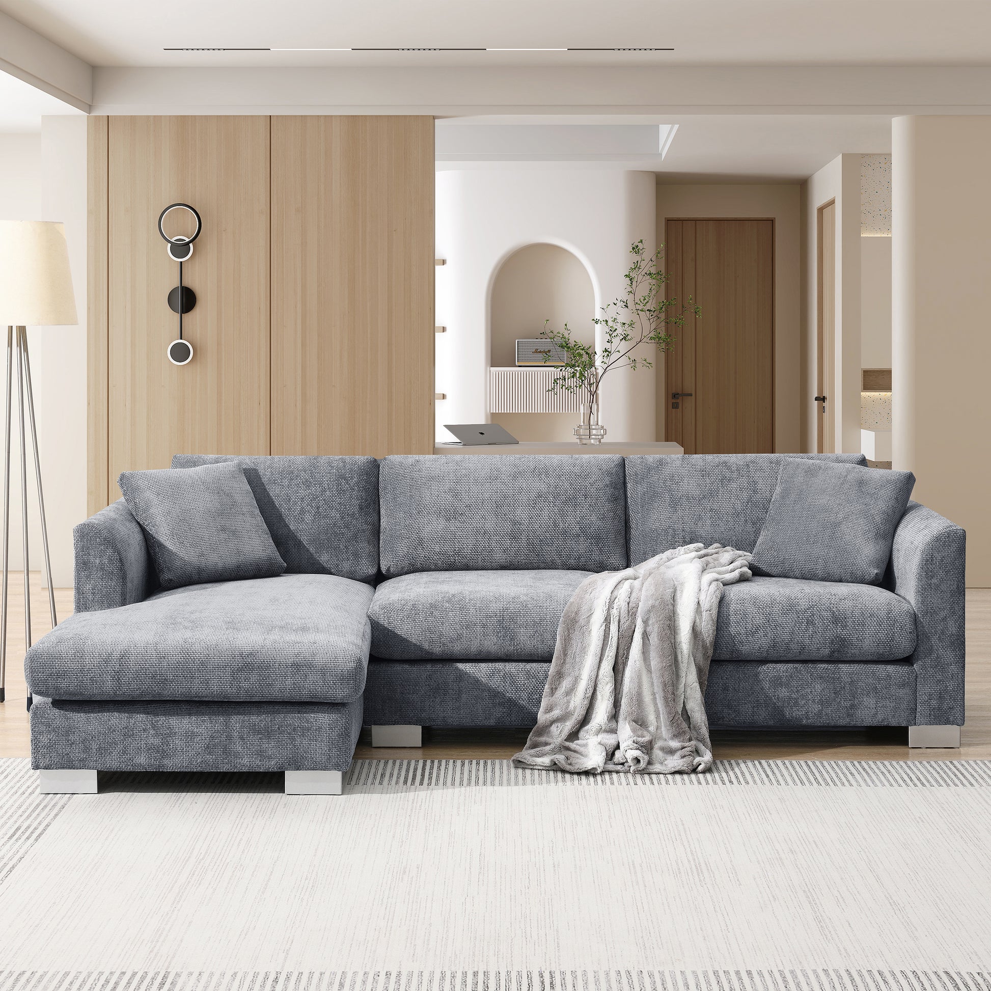 96*56" Modern Cloud Sectional Sofa,L Shaped Luxury Couch Set With 2 Free Pillows,4 Seat Chenille Indoor Furniture With Oversized Chaise For Living Room,Apartment,Office,3 Colors Gray Chenille 4 Seat