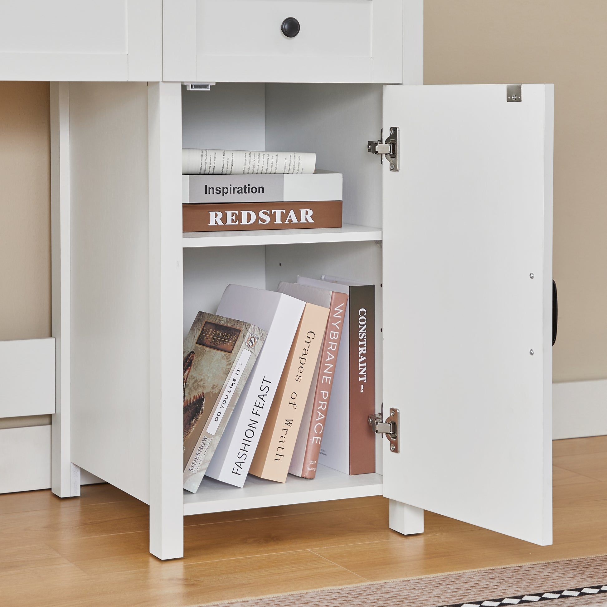 52" Farmhouse Executive Desk With Drawers, Wood Home Office Desk W Charging Station, File Drawer, Storage Cabinet, Rustic Computer Writing Desk Antique White White White Particle Board