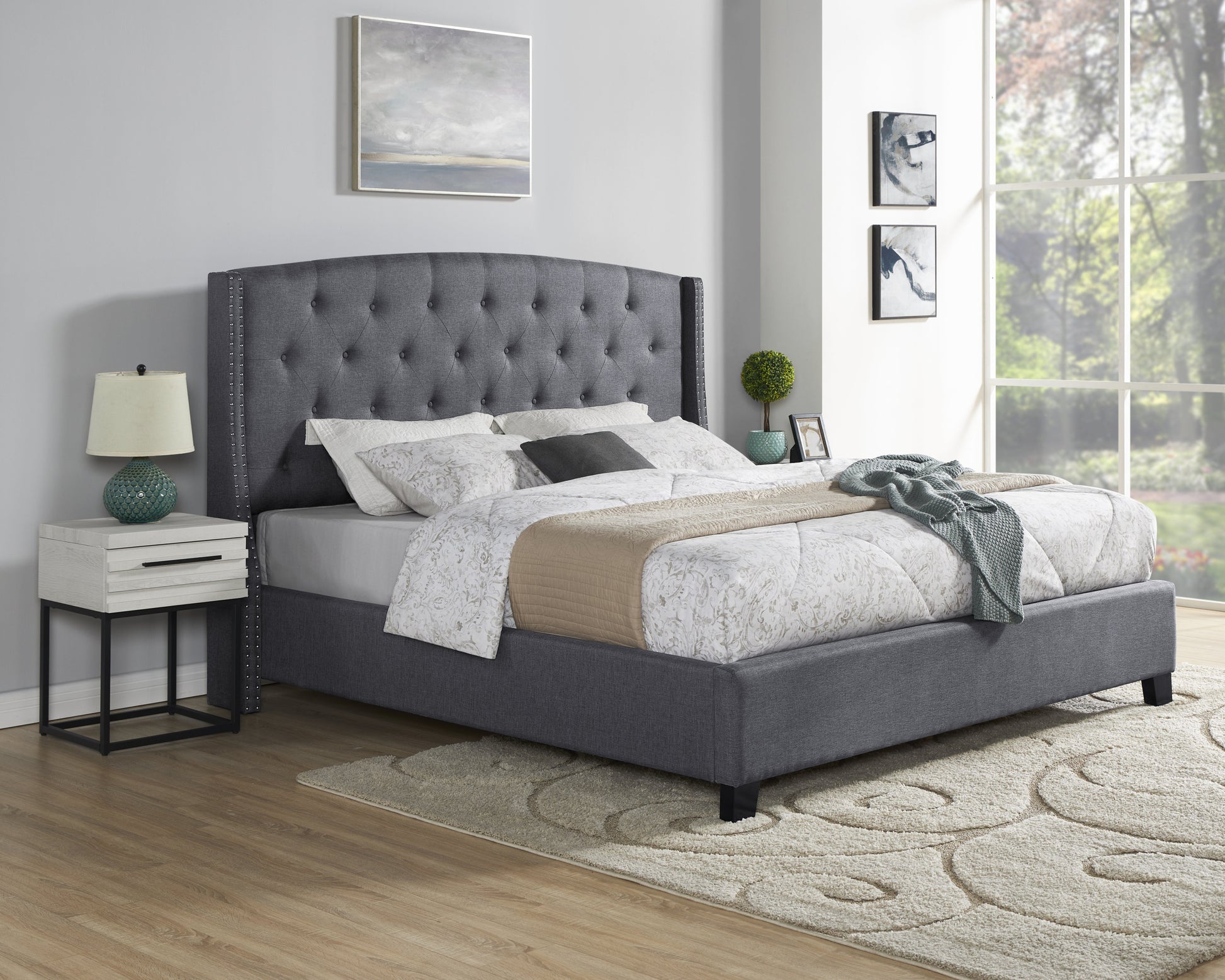 Belize 3 Piece Upholstered Bedroom Set, Tufted Wingback Bed With Two White Nightstands Box Spring Required Queen Grey White Wood 3 Piece Set Bedroom Bed Included,Nightstand Included Contemporary Wood Tufted Polyester Engineered Wood