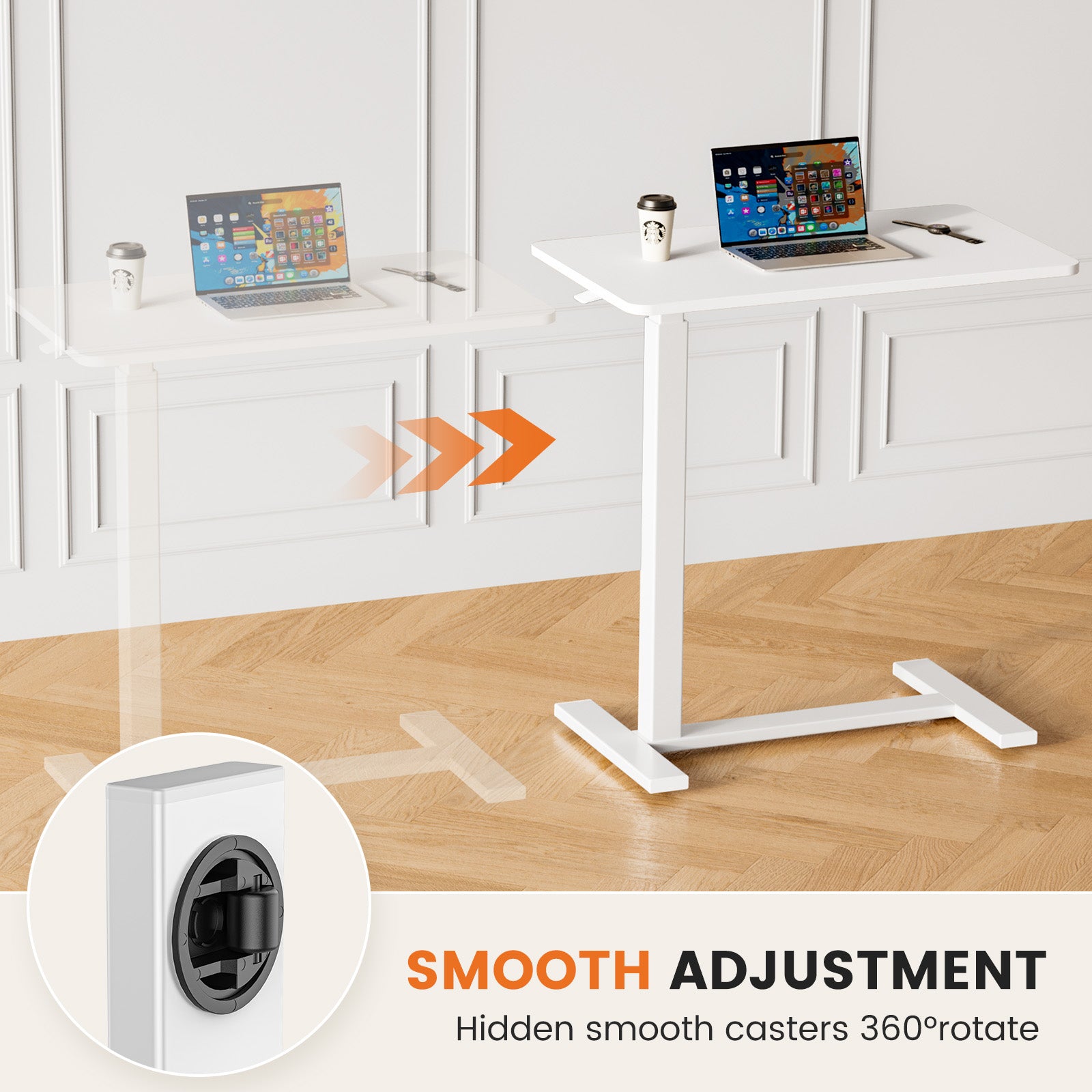 Adjustable Mobile Bed Desk, Computer Desk, Mobile Standing Desk, Lifting Desk, Desk, White White Metal & Wood