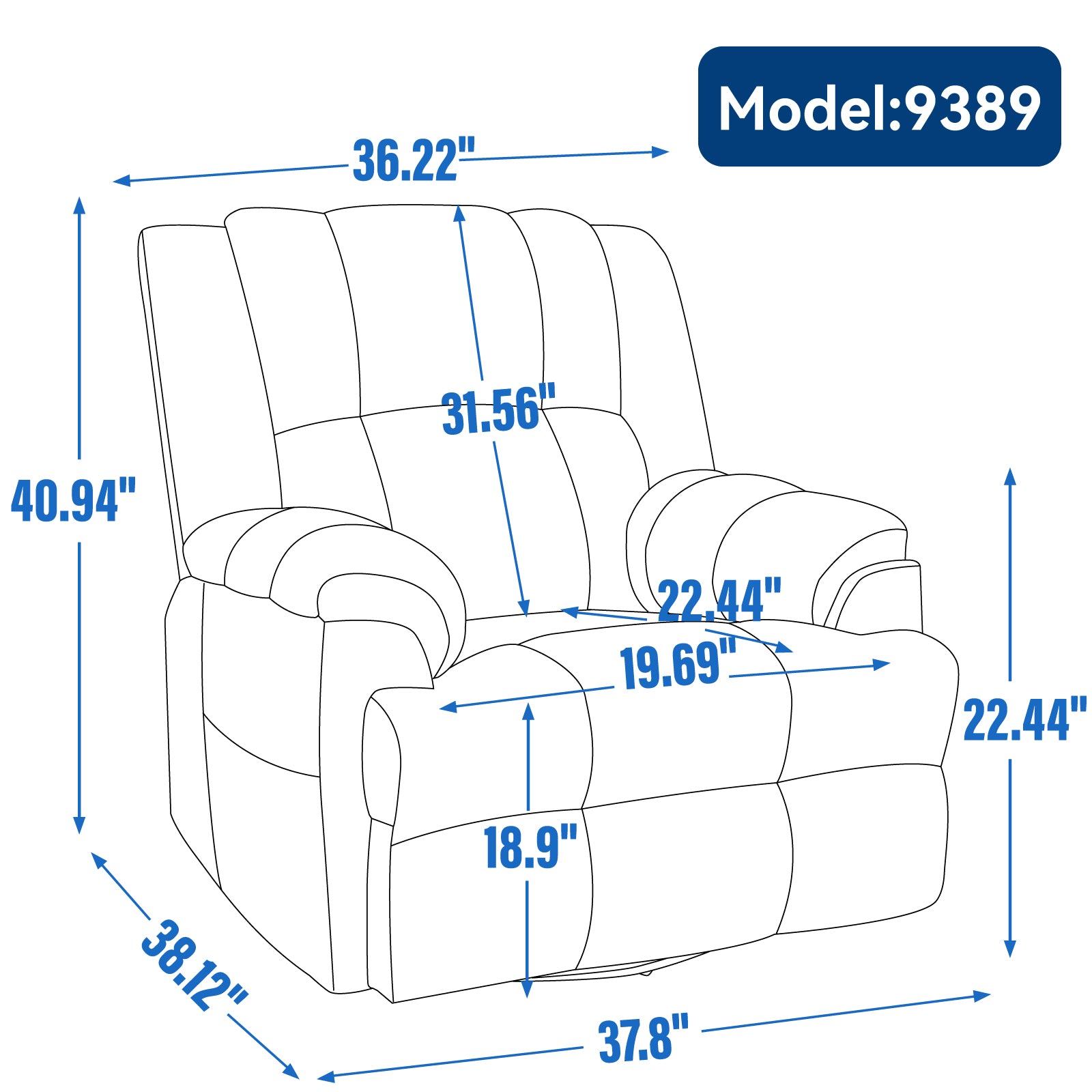Manual Recliner Chair With Rocker And Swivel In Fabric For Living Room, Blue Blue Polyester Manual Handle Metal Primary Living Space Medium Firm Cushion Back Heavy Duty American Design Pine Pillow