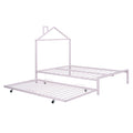 Full Size Metal Platform Bed With Twin Size Trundle,House Shaped Headboard Design, Pink Full Pink Metal