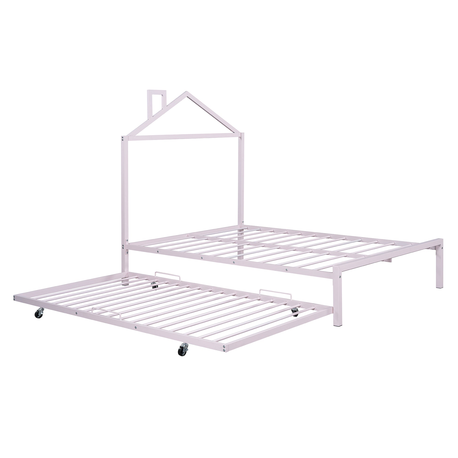 Full Size Metal Platform Bed With Twin Size Trundle,House Shaped Headboard Design, Pink Full Pink Metal
