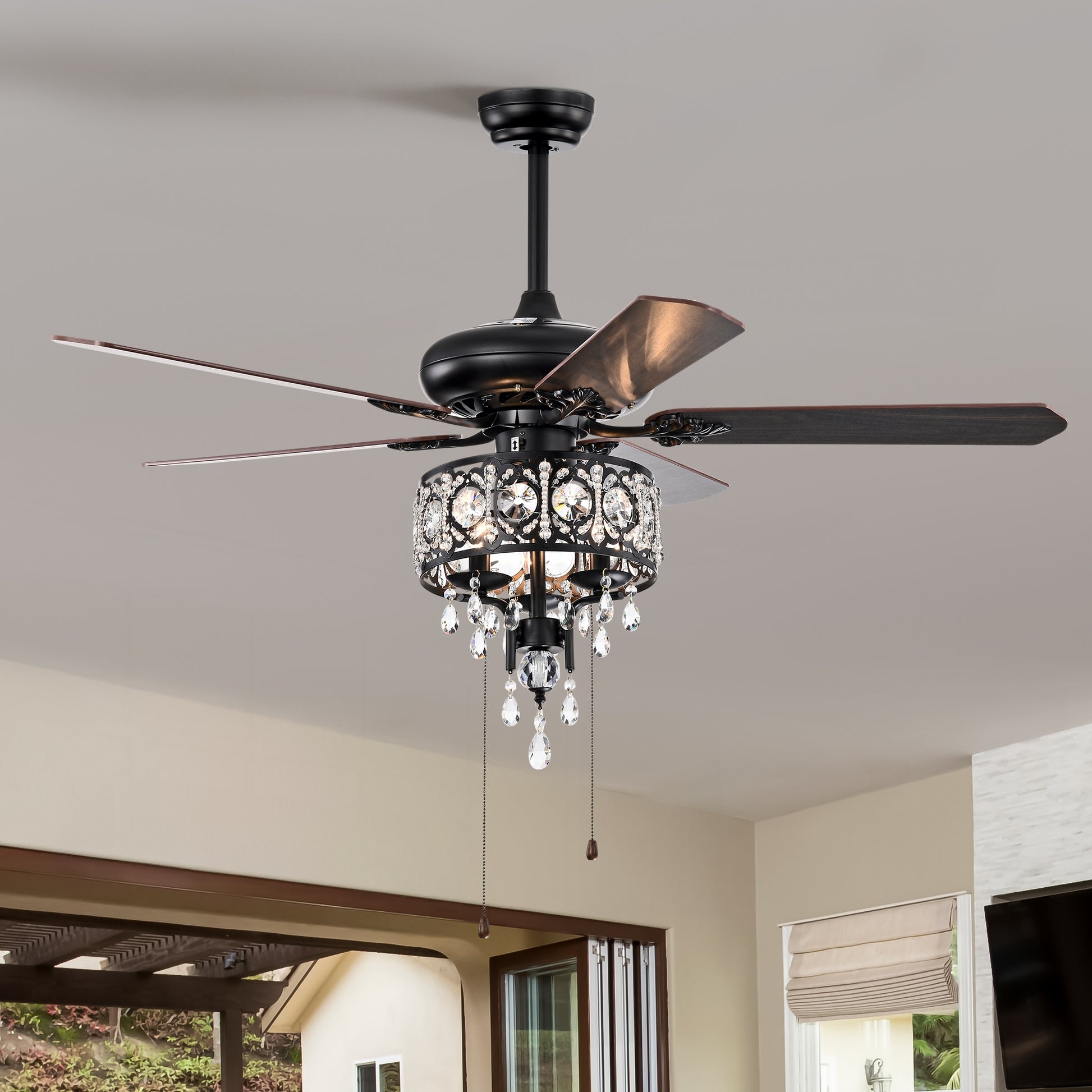 52'' Crystal Shade Ceiling Fan Lamp With Remote Control,3 Speed ,4 Timing5 Reversible Blades Crystal Ceiling Fan ,3Pcs*E12 No Include Bulb Hand Pull Chain Matte Black American Traditional,Antique,Classic,Contemporary Crystal Metal