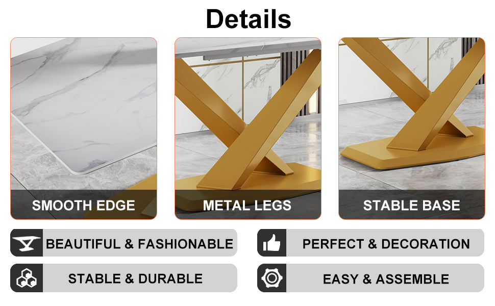 Table And Chair Set, The Table Is Equipped With A Marble Patterned Mdf Tabletop And Gold Table Legs.The Chair Is Equipped With Pu Synthetic Leather High Back Cushion And Gold Coated Metal Legs. Gold Black Seats 6 Mdf Metal