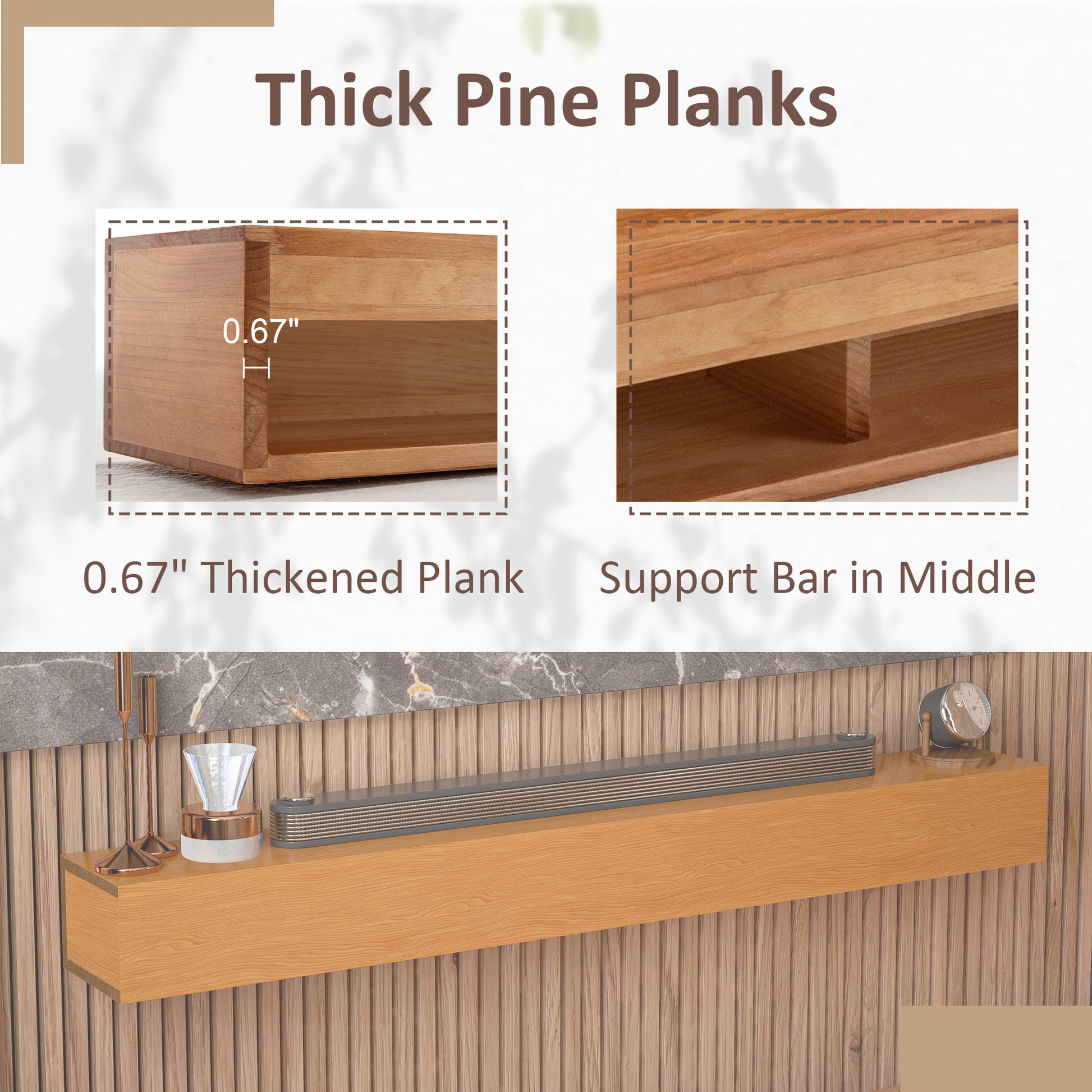 60'' Fireplace Mantel Wooden Wall Mounted Floating Shelf 8" Deep Solid Pine Wood, Natural Natural Dining Room Wall Mount Metal & Wood