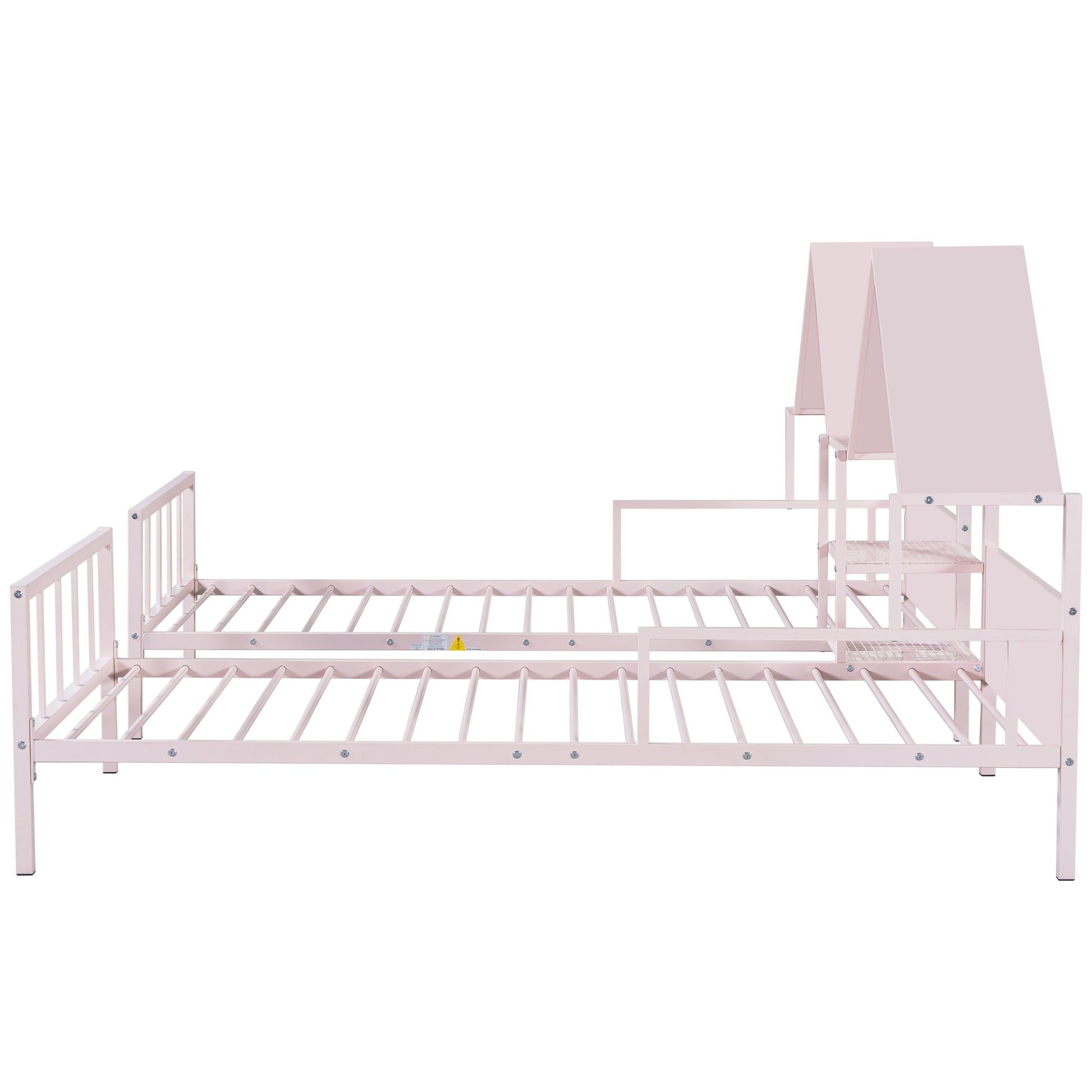Metal Double Twin Size Platform Bed With House Shaped Headboard And A Built In Nightstand, Pink Box Spring Not Required Twin Pink Metal Metal