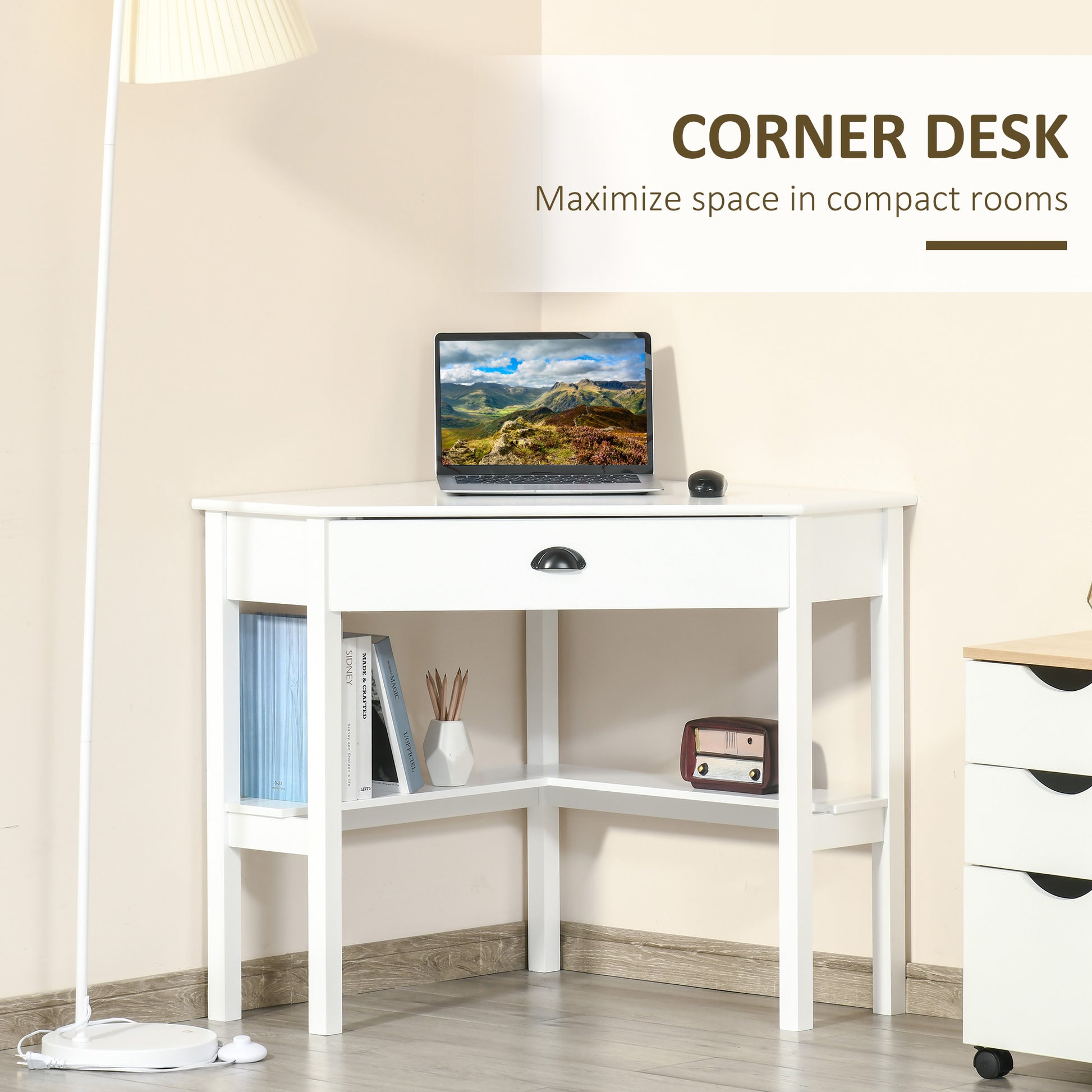 Homcom Corner Desk, Triangle Computer Desk With Drawer And Storage Shelves For Small Spaces, Home Office Workstation For Living Room, Or Bedroom, White White Mdf