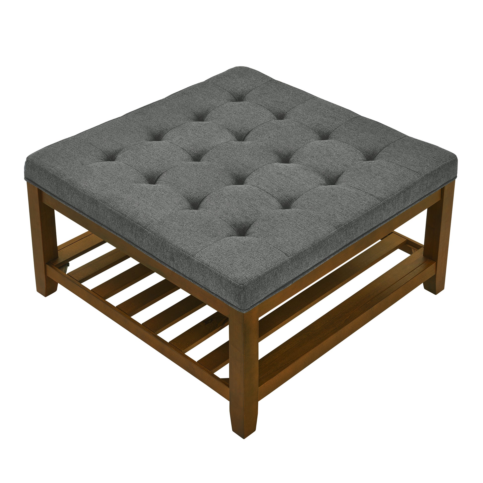 Upholstered Coffee Table Tufted Linen Large Square Ottoman With Beech Wood Shelf And Frame, Oversized Footrest Ottoman For Living Room, Dark Gray Light Brown Wood Primary Living Space Grey Medium Duty Beech Wood Dark Gray Linen Or Linen Blend Backless