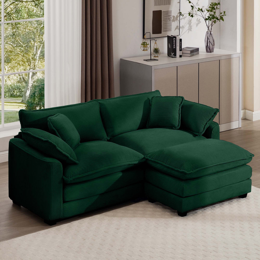 Corduroy Two Seater Sofa With 1 Footrest, L Shaped 2 Seater Sofa With Ottoman For Small Living Spaces, Green Corduroy Sofa Green Corduroy 2 Seat
