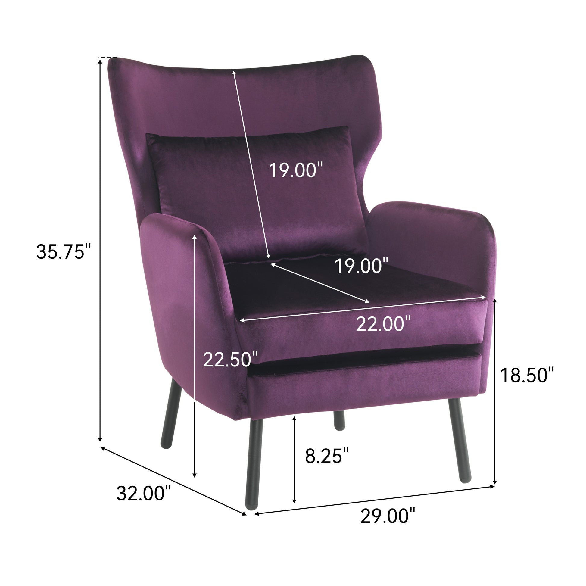 Wing Back Velvet Accent Chair, Modern Living Room Armchair Comfy Upholstered Single Sofa Chair For Bedroom Dorms Reading Reception Room With Metal Legs & Pillow, Purple Purple Velvet
