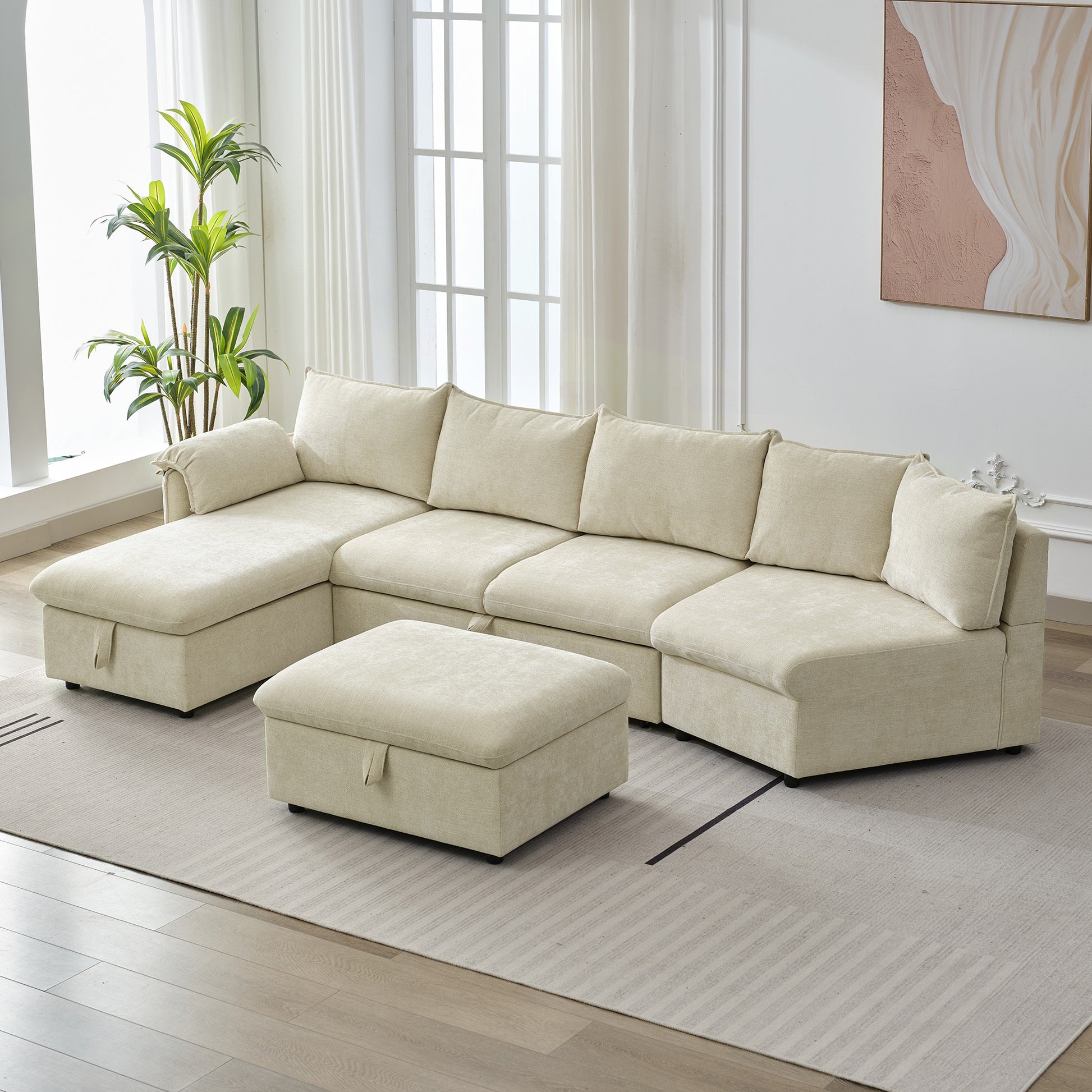 146.9" L Shaped Sofa Sectional Sofa Couch Pull Out Sofa Bed With A Movable Storage Ottoman, A Storage Chaise Lounge And Two Usb Ports For Living Room, Beige Beige Foam Linen 5 Seat