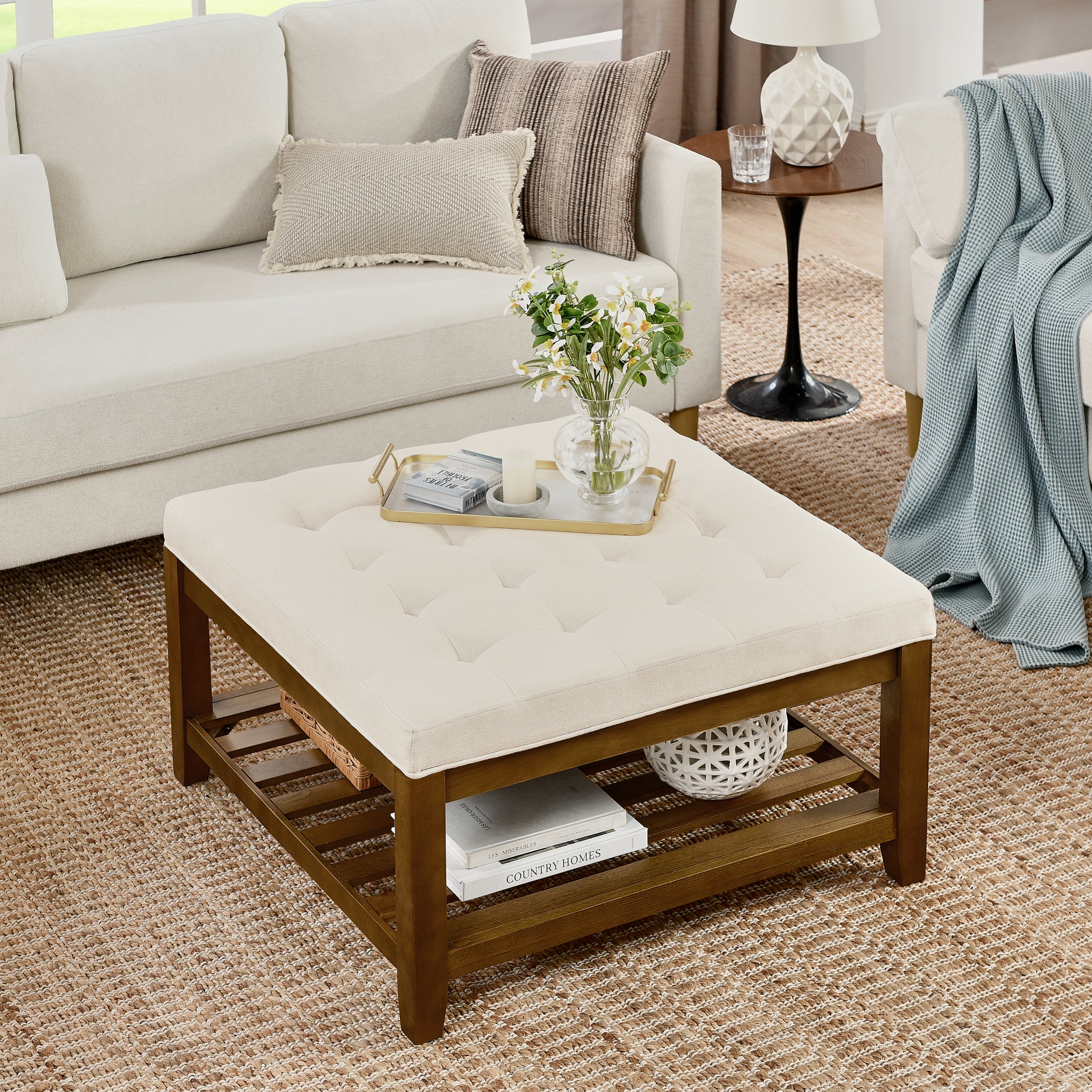 Upholstered Coffee Table Tufted Linen Large Square Ottoman With Beech Wood Shelf And Frame, Oversized Footrest Ottoman For Living Room,Office,Bedroom,Outdoor Ivory Ivory Light Brown Primary Living Space Classic Beech Polyurethane Foam Linen