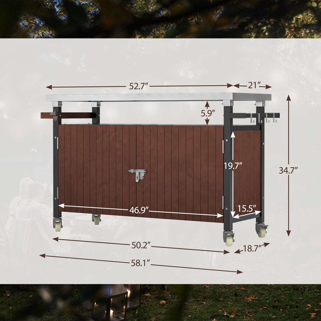 Outdoor Grill Cart With Stainless Steel Tabletop, Storage, Patio Kitchen Island With Wheels, Hooks, And Spice Rack, Waterproof Outdoor Grill Table, Movable Bbq Serving Cart Rolling Bar Cart Brown