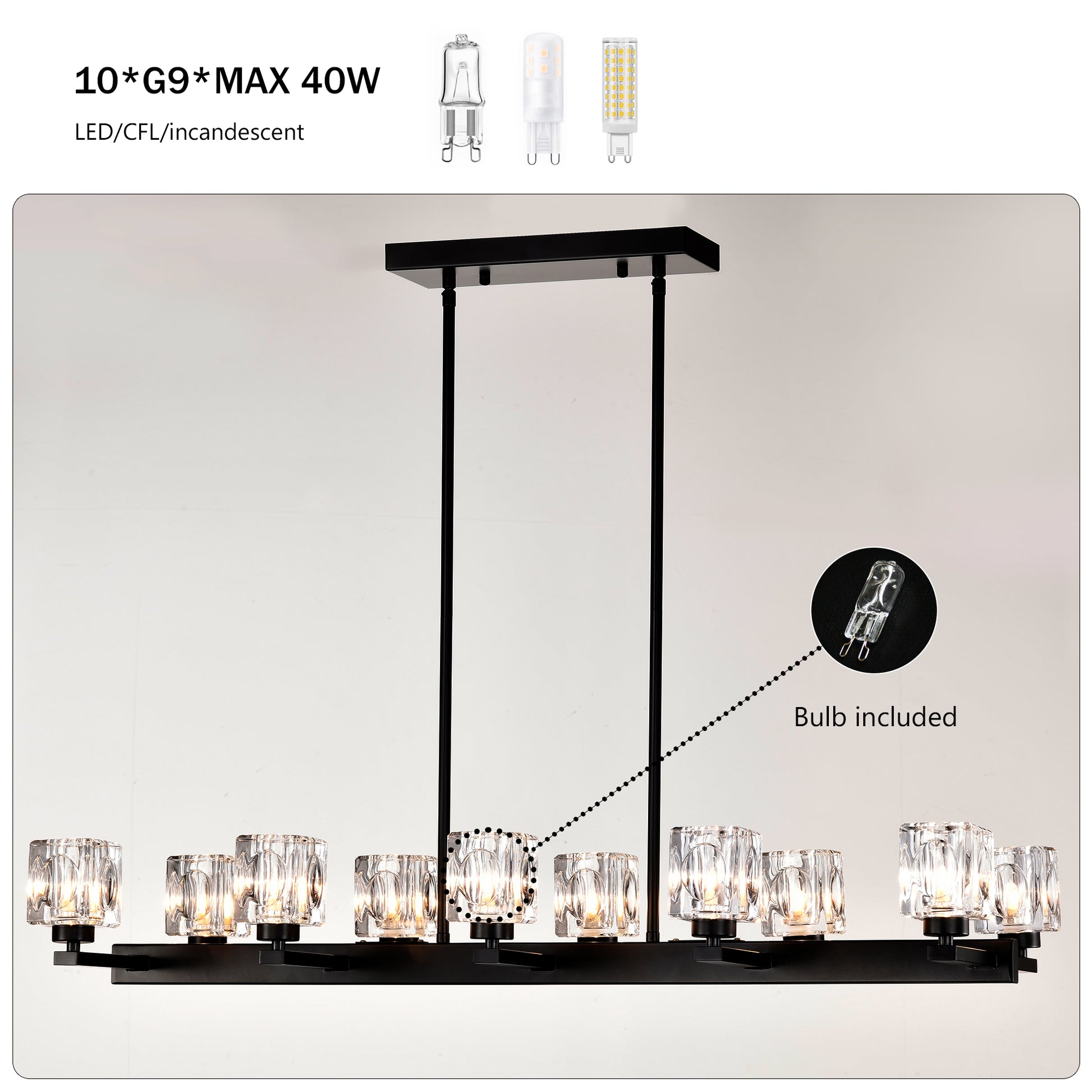 Chandelier For Dining Room, 10 Light Black Farmhouse Linear Pendant Light Fixture, Modern Crystal Hanging Lighting Chandelier For Kitchen Island, Bar, Long Table, G9 Bulb 10*G9*Max 40W Matte Black