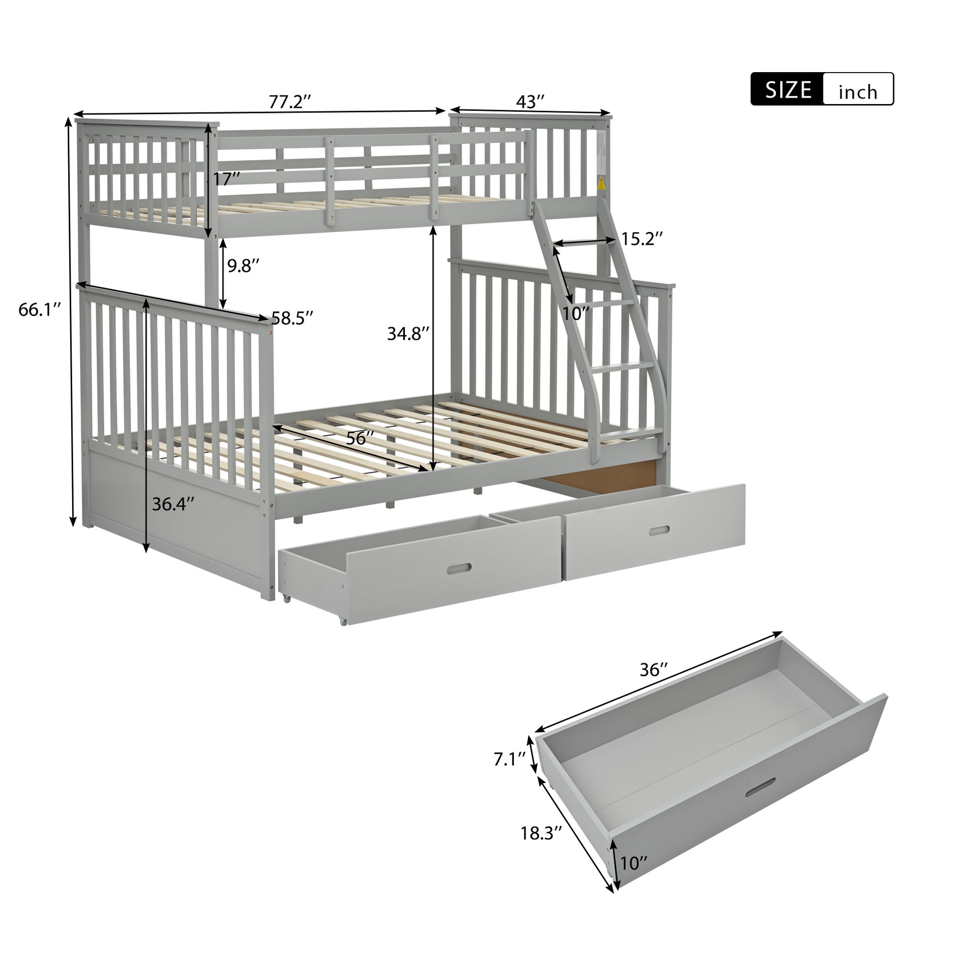 Twin Over Full Bunk Bed With Storage Drawers, Wooden Bunk Bed With Ladder And Safety Guard Rails Gray Full Gray Wood