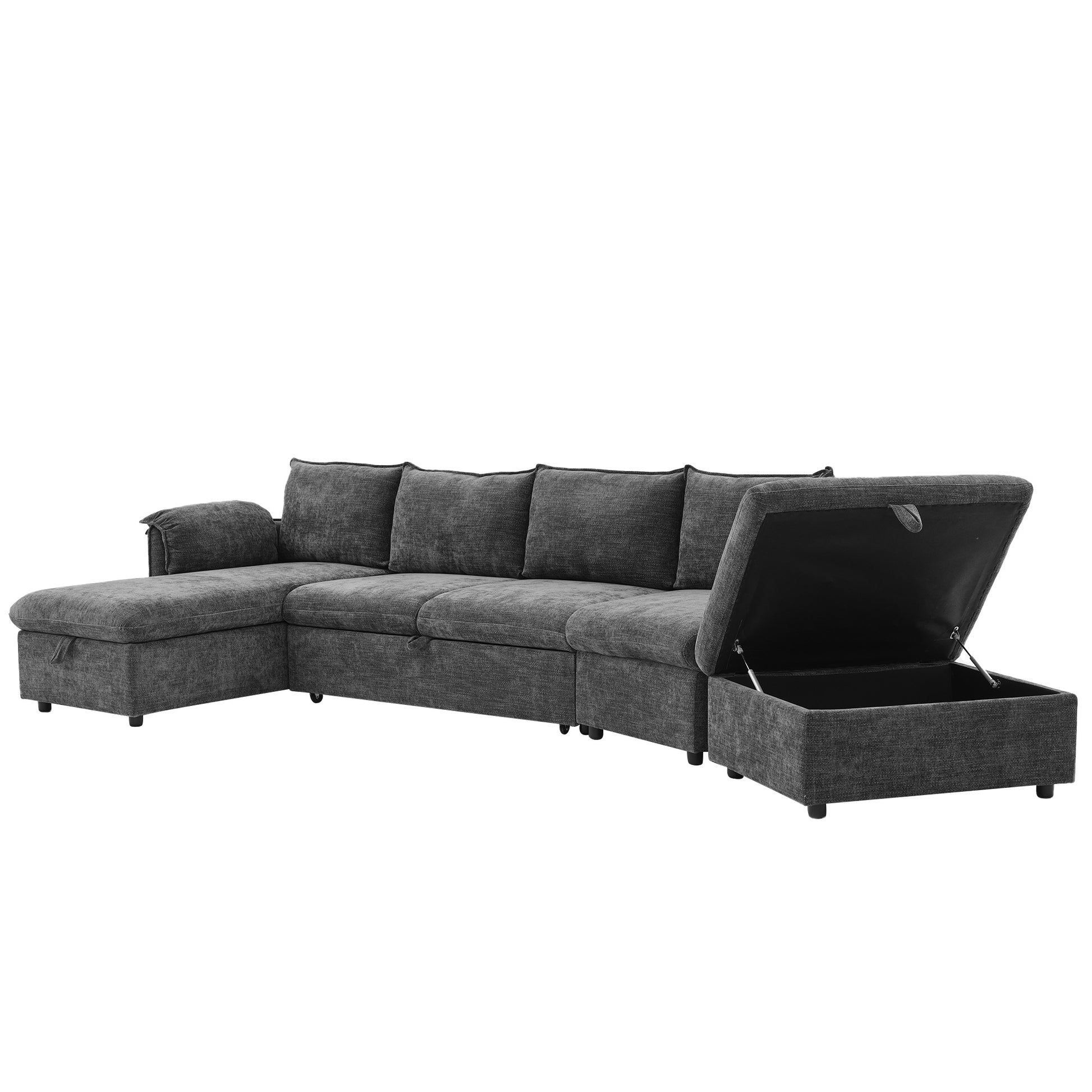 146.9" L Shaped Sofa Sectional Sofa Couch Pull Out Sofa Bed With A Movable Storage Ottoman, A Storage Chaise Lounge And Two Usb Ports For Living Room, Grey Grey Foam Linen 5 Seat