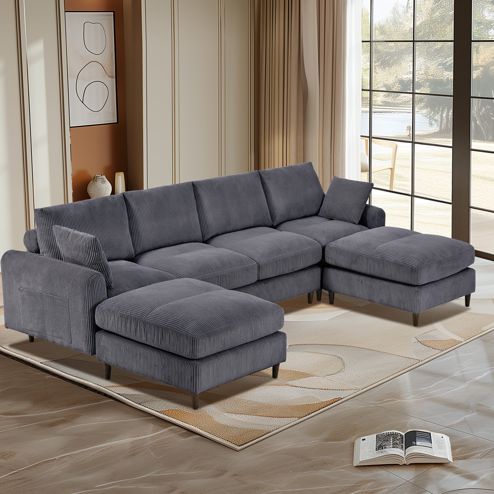 Modern Corduroy Modular Section Sofa, U Shaped Convertible L Shaped Sofa Set With Pillow, Oversized Sectional Sofa With Footstool, Suitable For Living Room, Attic, Apartment, Office Gray 6 Seat Grey