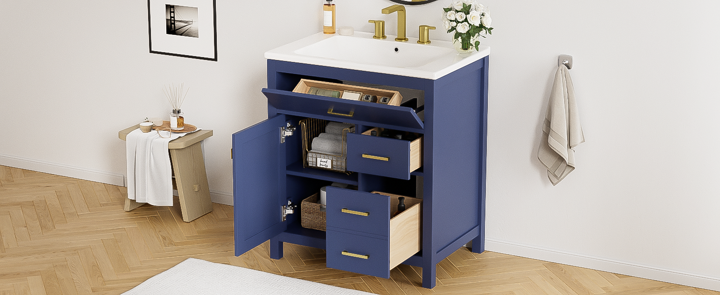 30 Inch Blue Bathroom Vanity With Ceramic Sink And Large Storage Ideal Choice For Small Bathrooms Blue Bathroom Solid Wood Mdf