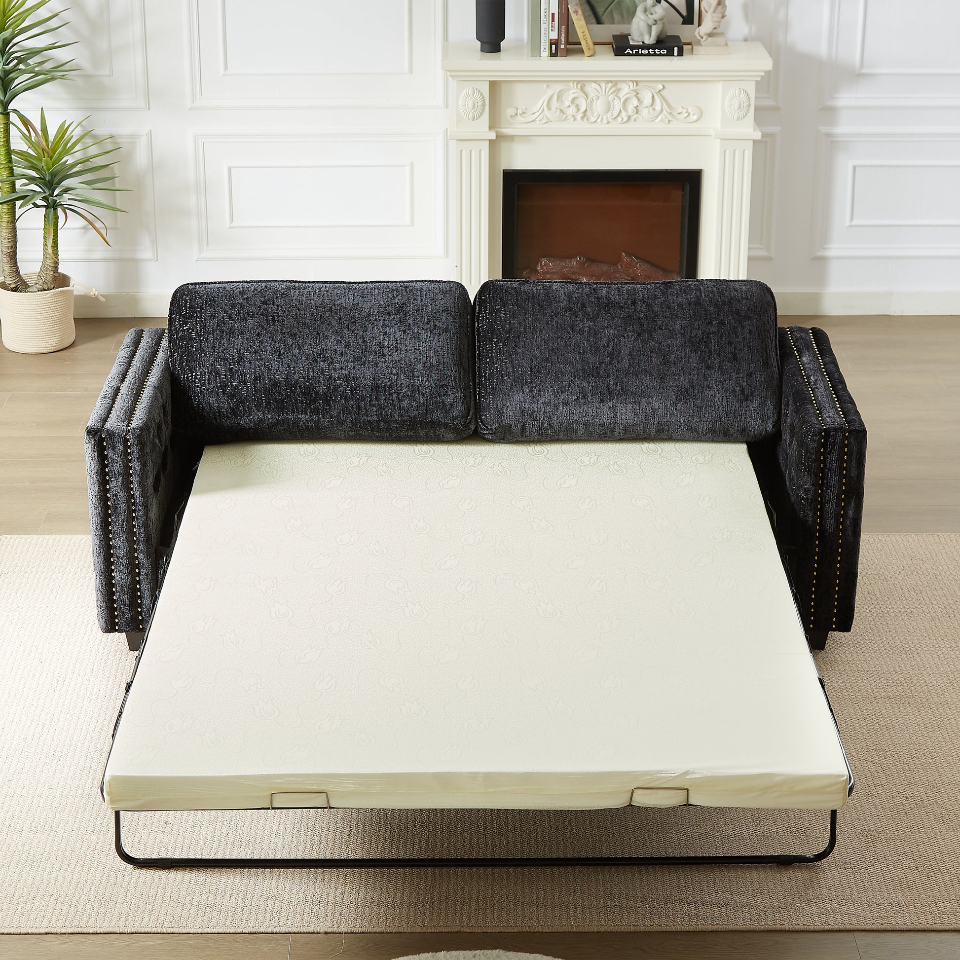 Convertible Sleeper Sofa With Memory Foam Mattress, 3 Seater Full Size Bed Couch For Living Rooms, Designed With Chenille Fabric Black Chenille 3 Seat