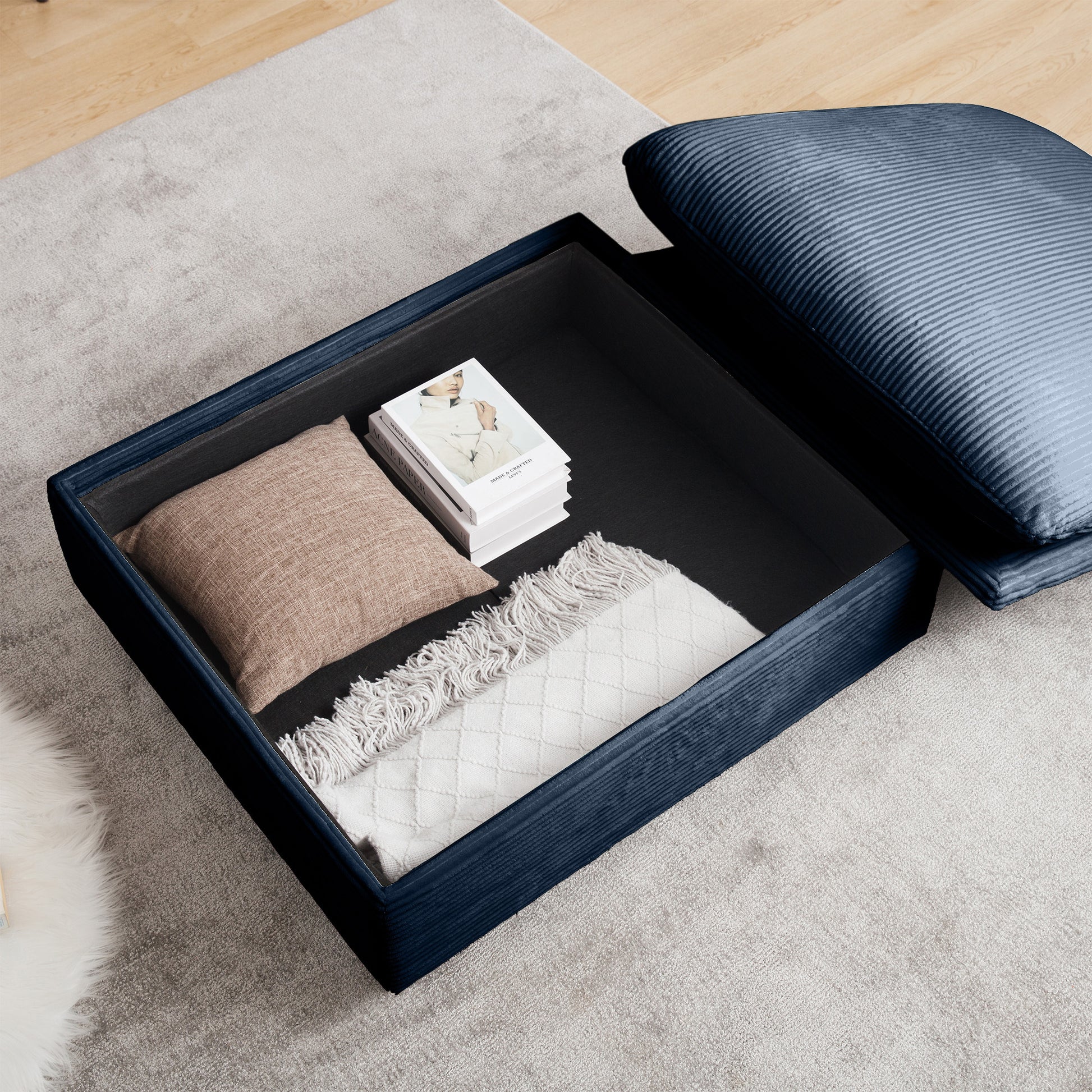 Corduroy Sectional Sofa, L Shaped Couch With Storage Footstool And 3 Pillow, Sectional Couch For Living Room Apartment, Bule Blue Corduroy 3 Seat