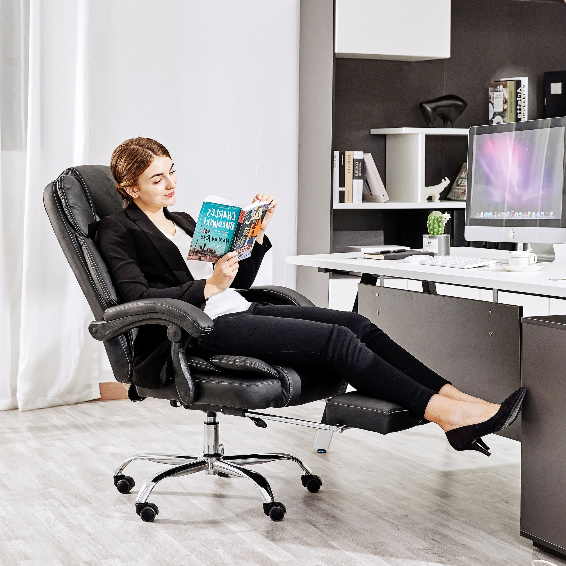 Reclining Office Chair With Massage, Ergonomic Computer Chair With Foot Rest Black Pu Iron
