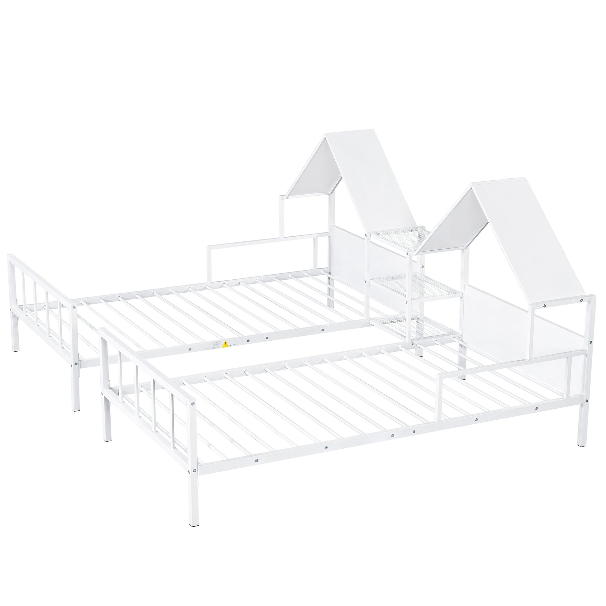 Metal Double Twin Size Platform Bed With House Shaped Headboard And A Built In Nightstand, White Box Spring Not Required Twin White Metal Metal