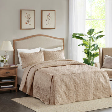 3 Piece Split Corner Pleated Quilted Bedspread Khaki King Khaki Polyester