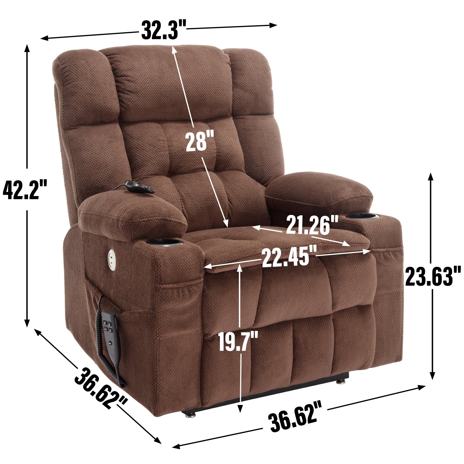 Brown Dual Motor Infinite Position Up To 350 Lbs Chenille Power Lift Recliner Chair, Heavy Duty Motion Mechanism With 8 Point Vibration Massage And Lumbar Heating, Dual Cup Holders White Metal