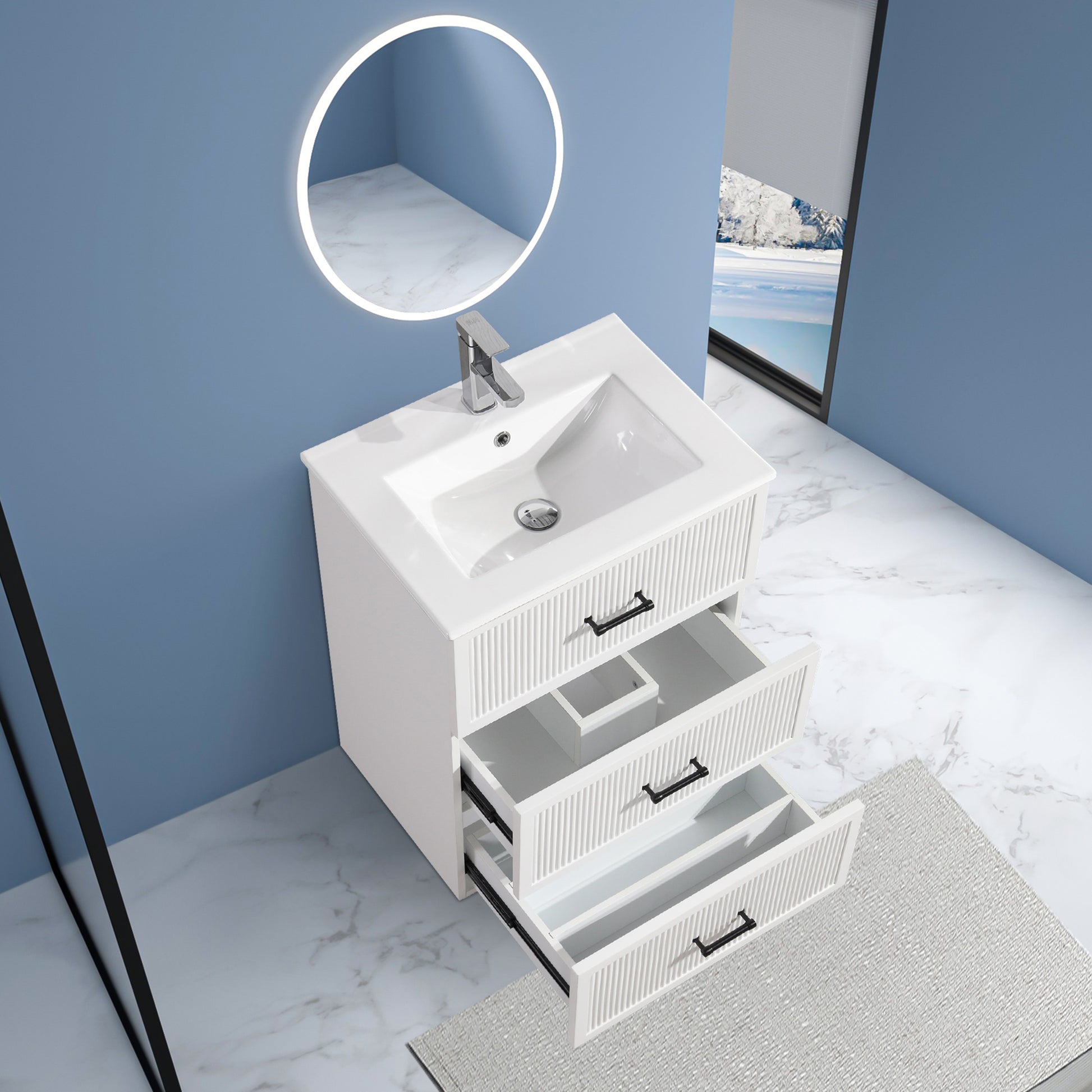 24 Inch Bathroom Vanity With Ceramic Sink Set, Modern Freestanding Bathroom Storage Cabinet With 2 Drawers, Floor Standing Bath Vanity Combo, White White Mdf