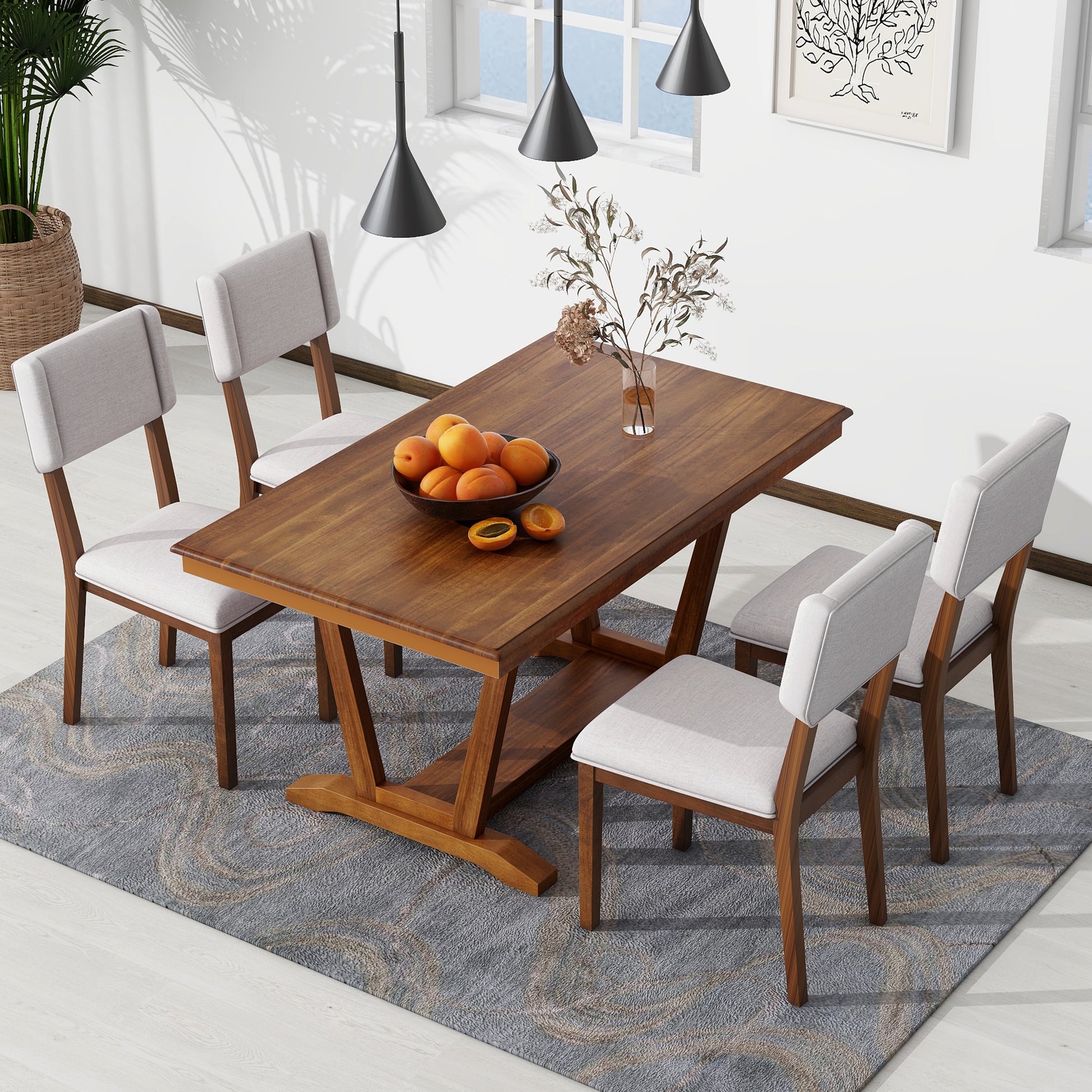 Rustic 5 Piece Dining Table Set With 4 Upholstered Chairs, 59 Inch Rectangular Dining Table With Trestle Table Base, Walnut Wood Dining Room Solid Wood Rubberwood Rectangular Dining Table With Chair