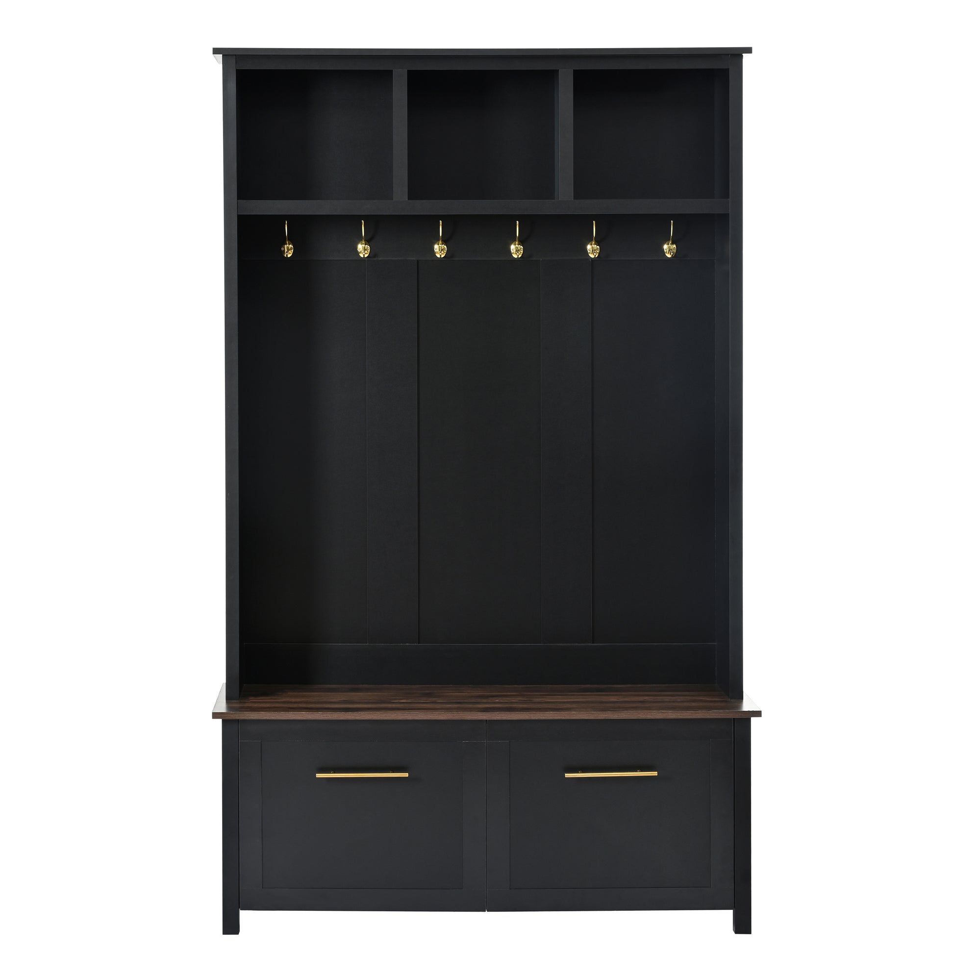 Versatile 4 In 1 Hall Tree With 6 Golden Hooks, Brown Wood Grain Bench With Multiple Storage Space, Entryway Coat Rack With 2 Drawers For Living Room, Hallway, Black, 47.2''W*76.6''H Black Primary