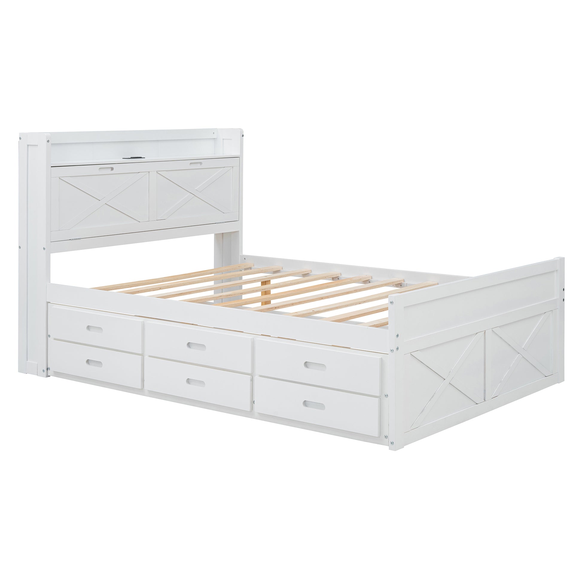 Full Size Wooden Bed With Storage Headboard With Outlets, Extendable Bed With Twin Size Trundle With Three Storage Drawers,White Full White Wood