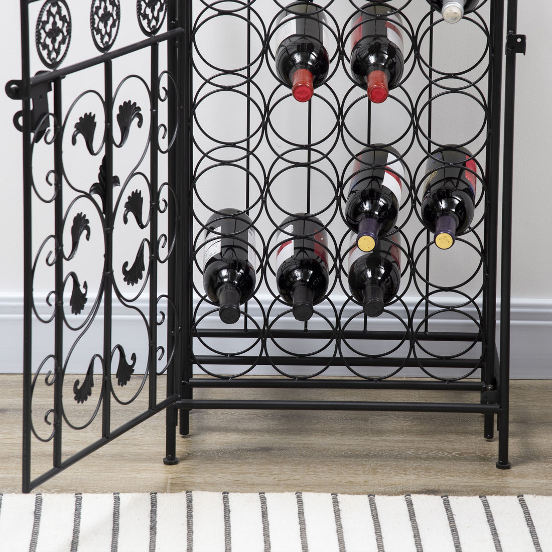 Homcom 45 Bottle Wrought Iron Wine Rack Jail With Lock Black Black Iron