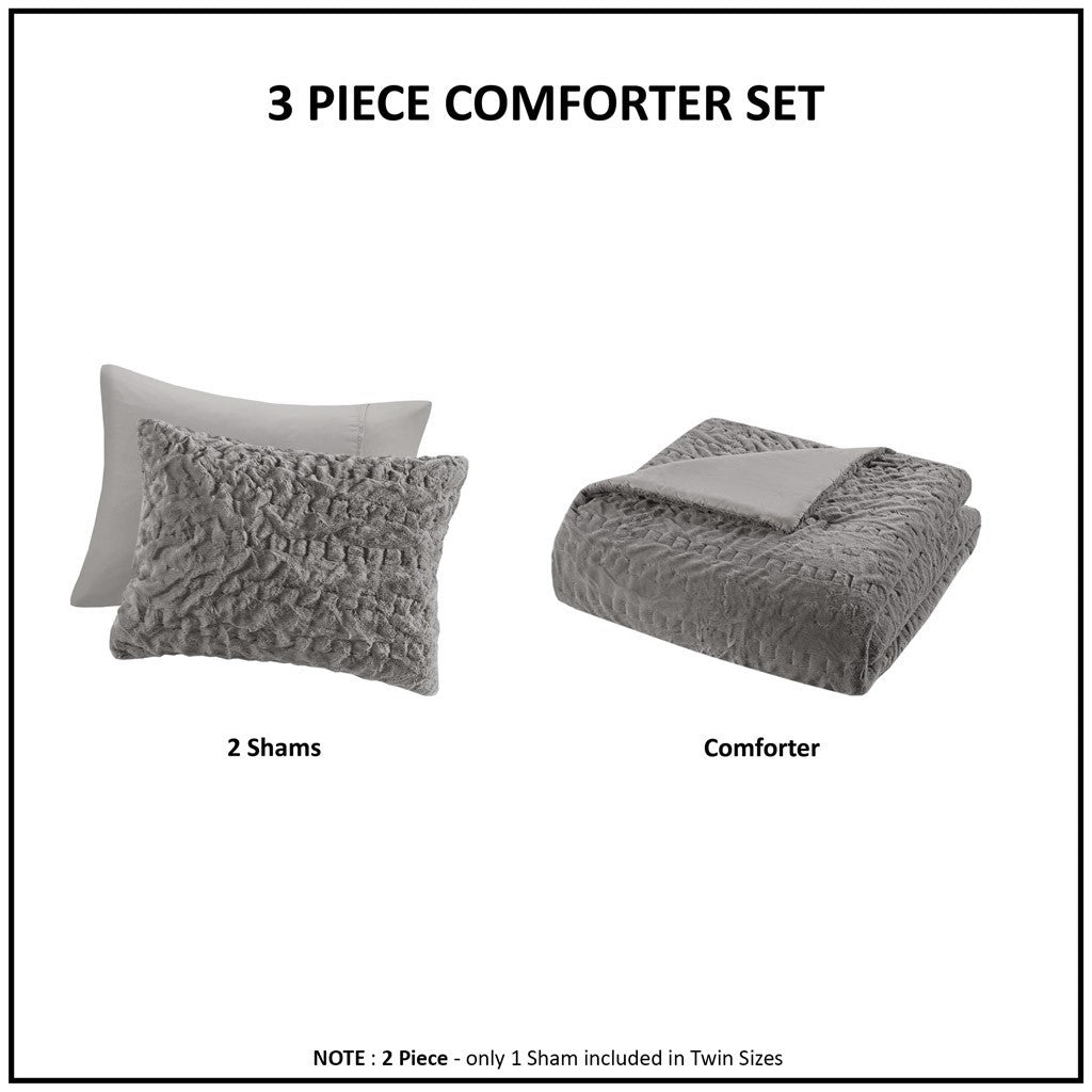 Ruched Fur Down Alternative Comforter Set Queen Grey Polyester