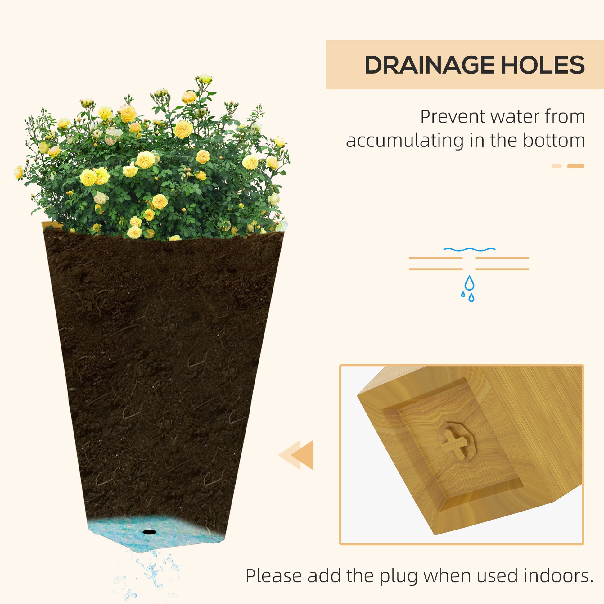 Outsunny 28" Tall Outdoor Planters, Set Of 3 Large Taper Planters With Drainage Holes And Plug, Faux Wood Plastic Flower Pots For Outdoor, Indoor, Garden, Patio, Tan Brown Polypropylene